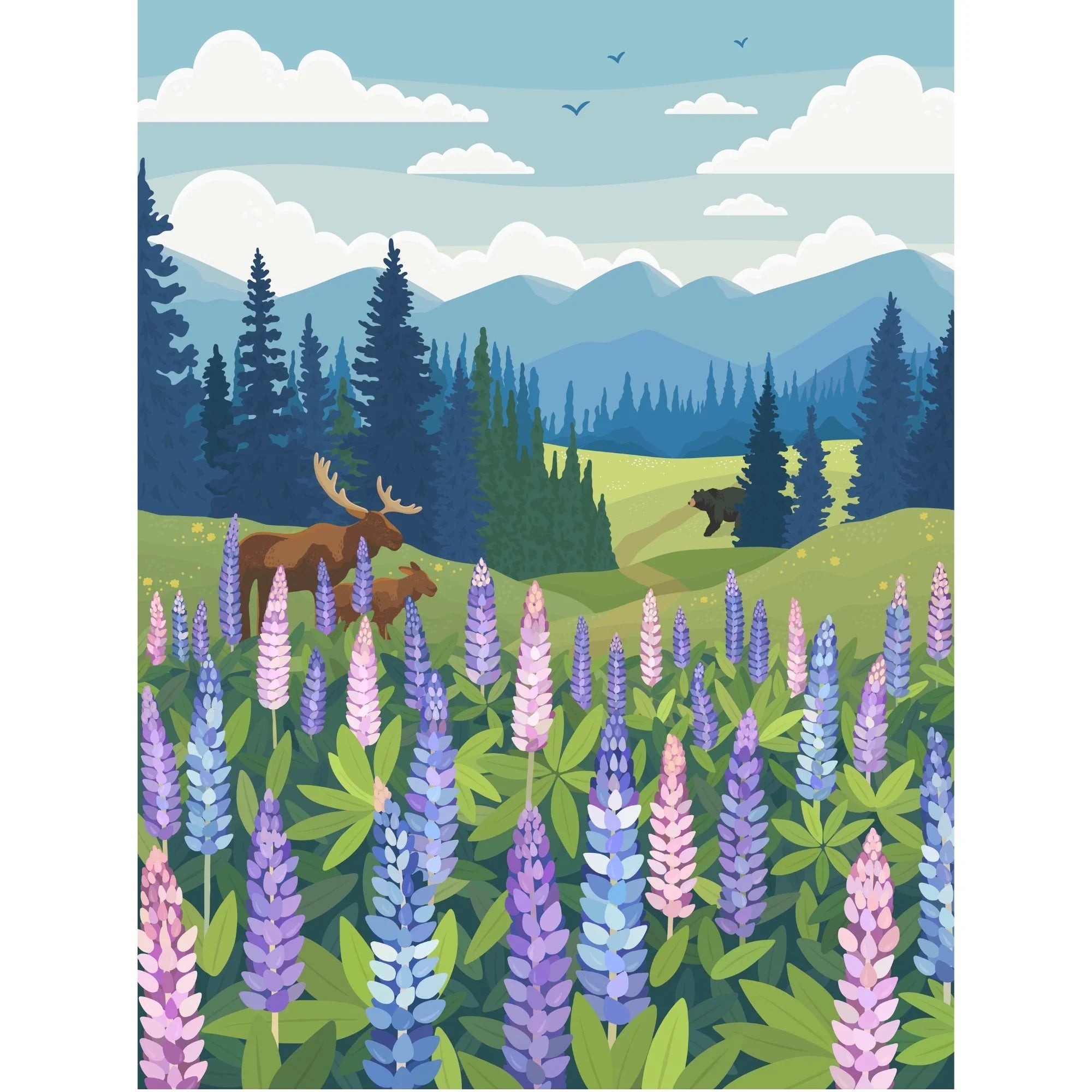 Lupine meadow with moose, pine trees, and distant mountains under blue sky art