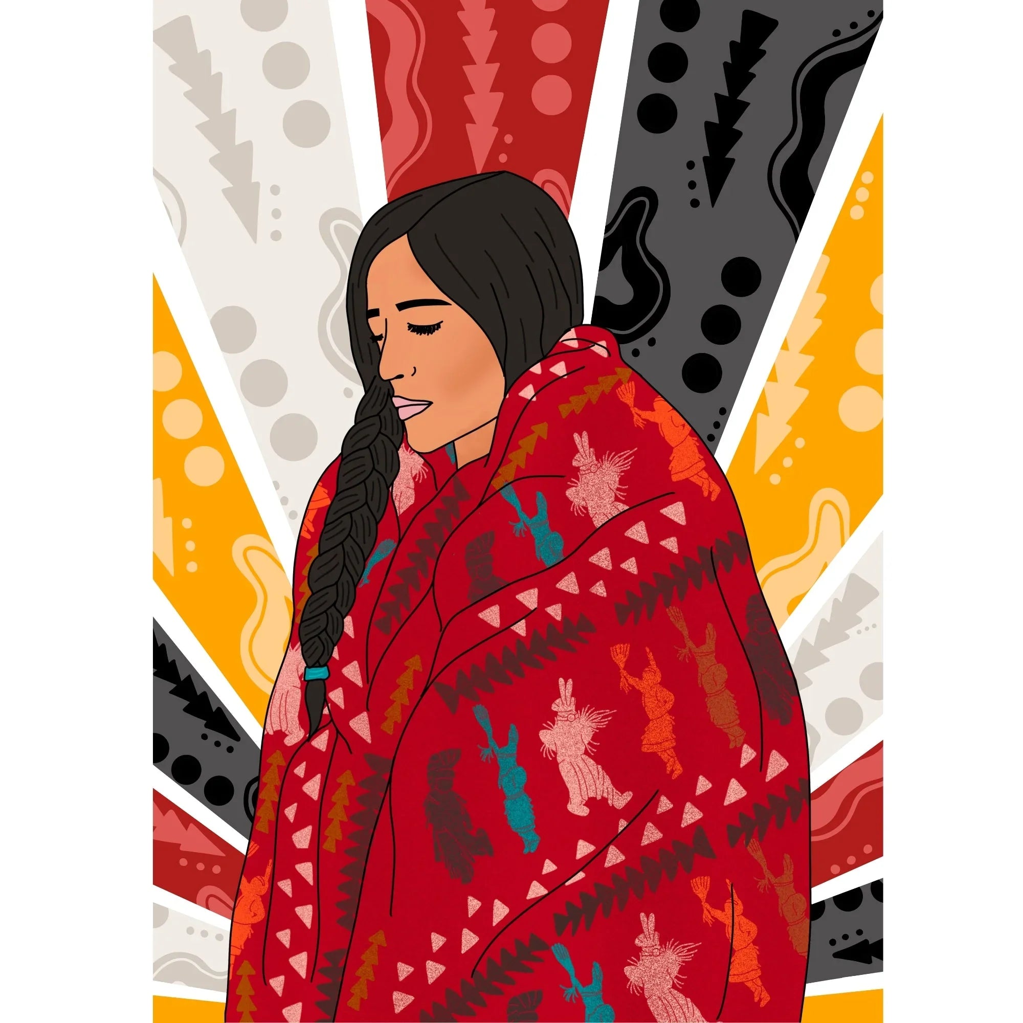 Indigenous woman with braid wrapped in red patterned blanket, colorful geometric background