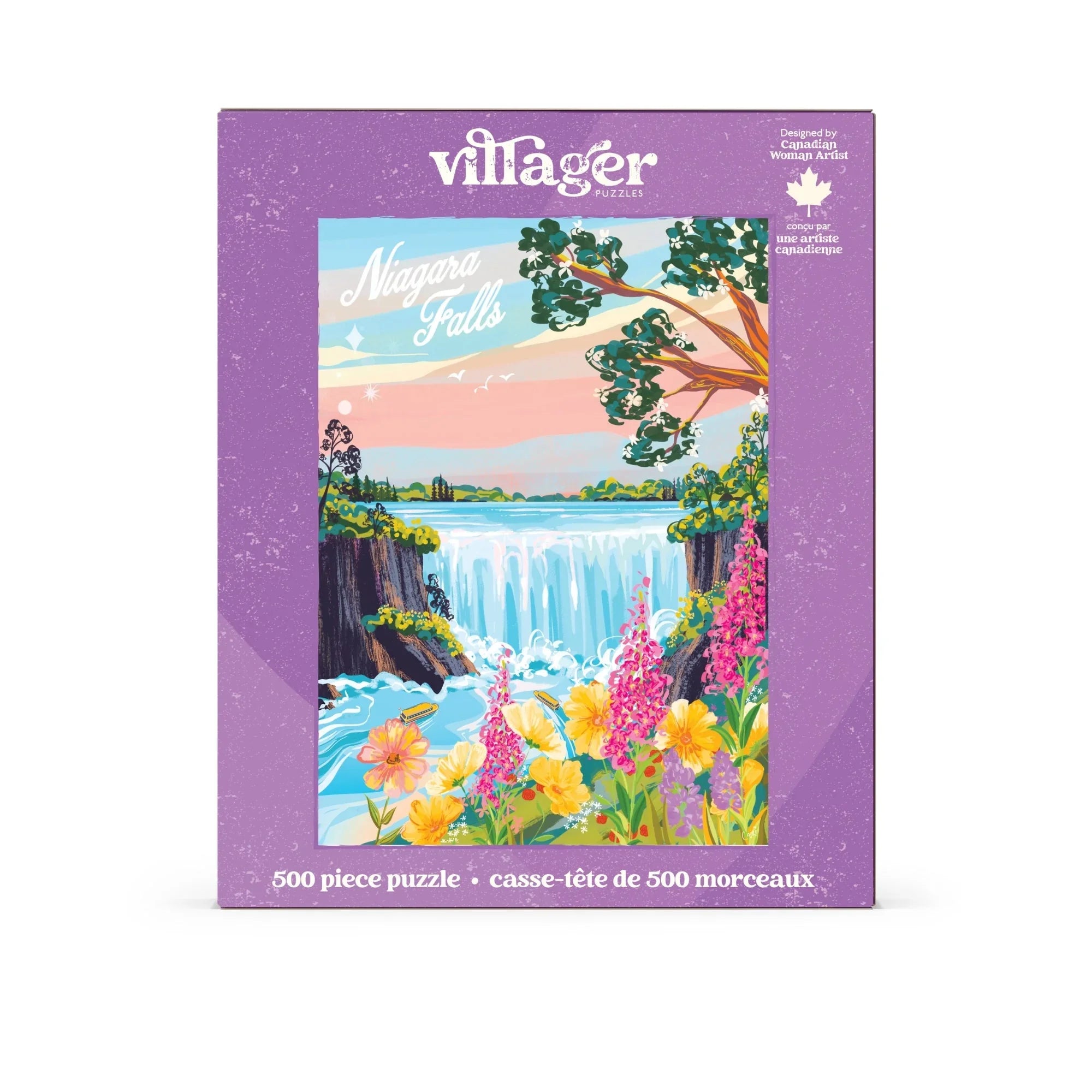 Niagara Falls 500 piece puzzle box with colorful flowers and waterfall illustration