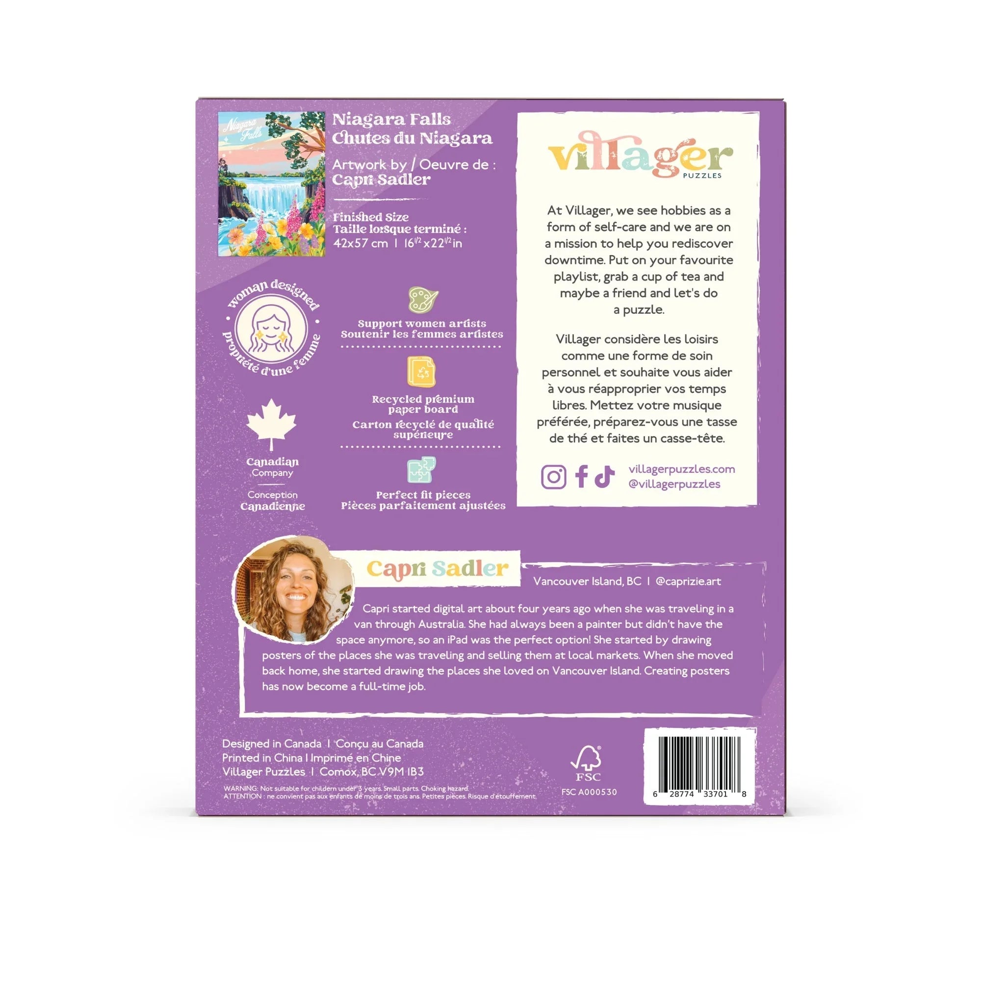 Back of Villager Puzzles Niagara Falls box with artist info and product features