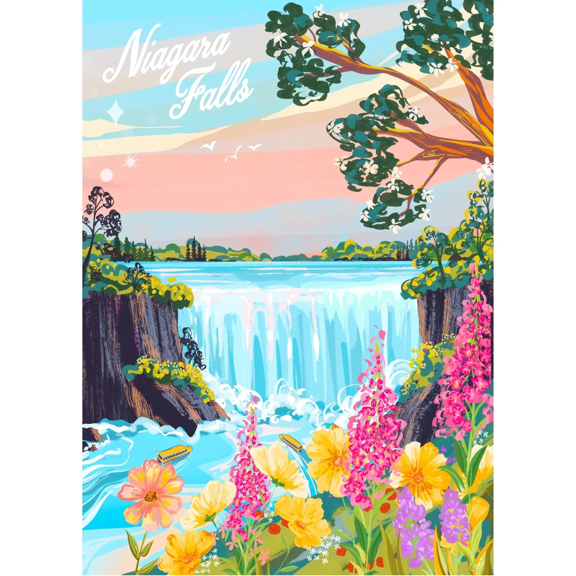 Niagara Falls illustration with colorful wildflowers, flowing waterfall, and boats under a pastel sky