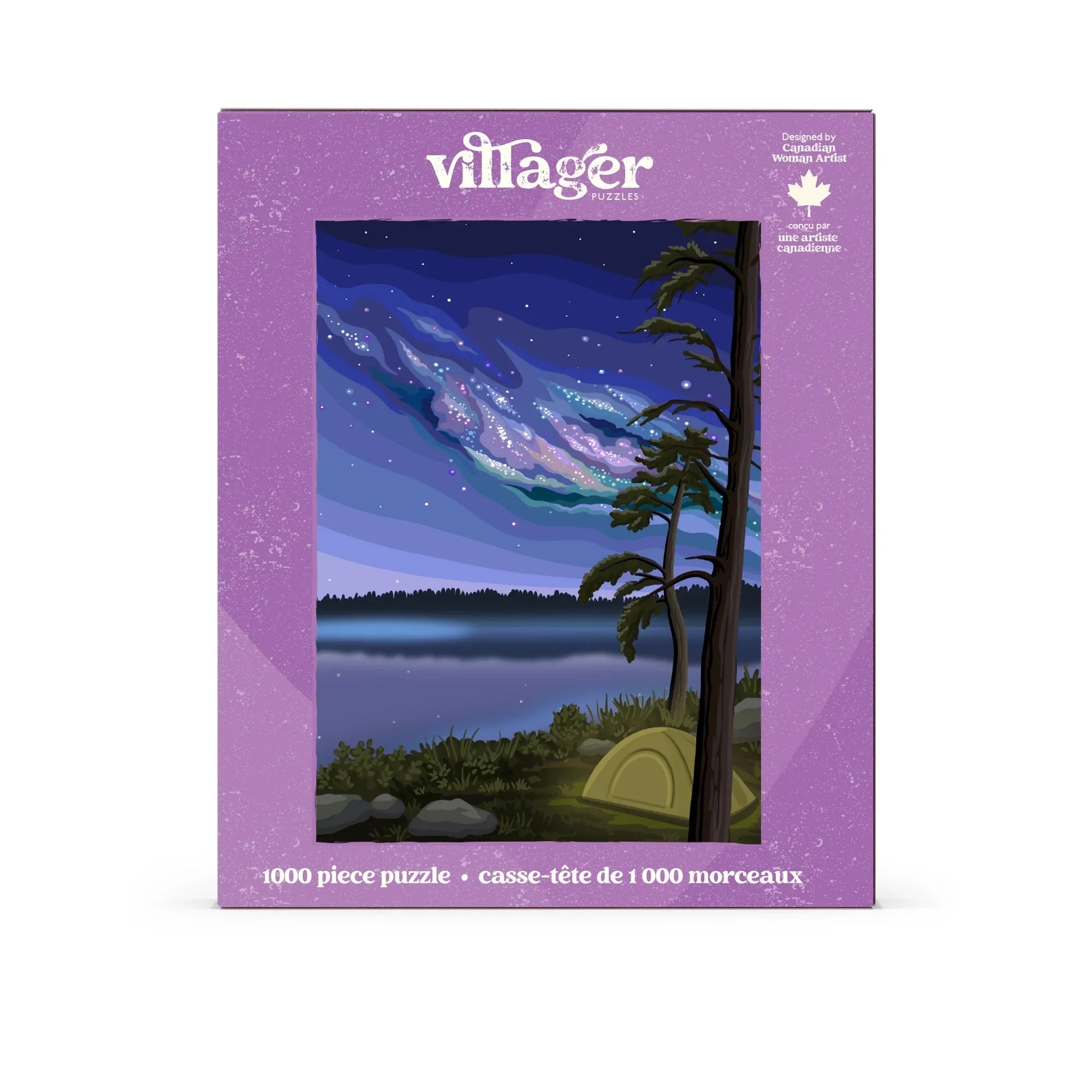 Purple villager puzzles box featuring northern camping scene, tent by lake and starry night sky