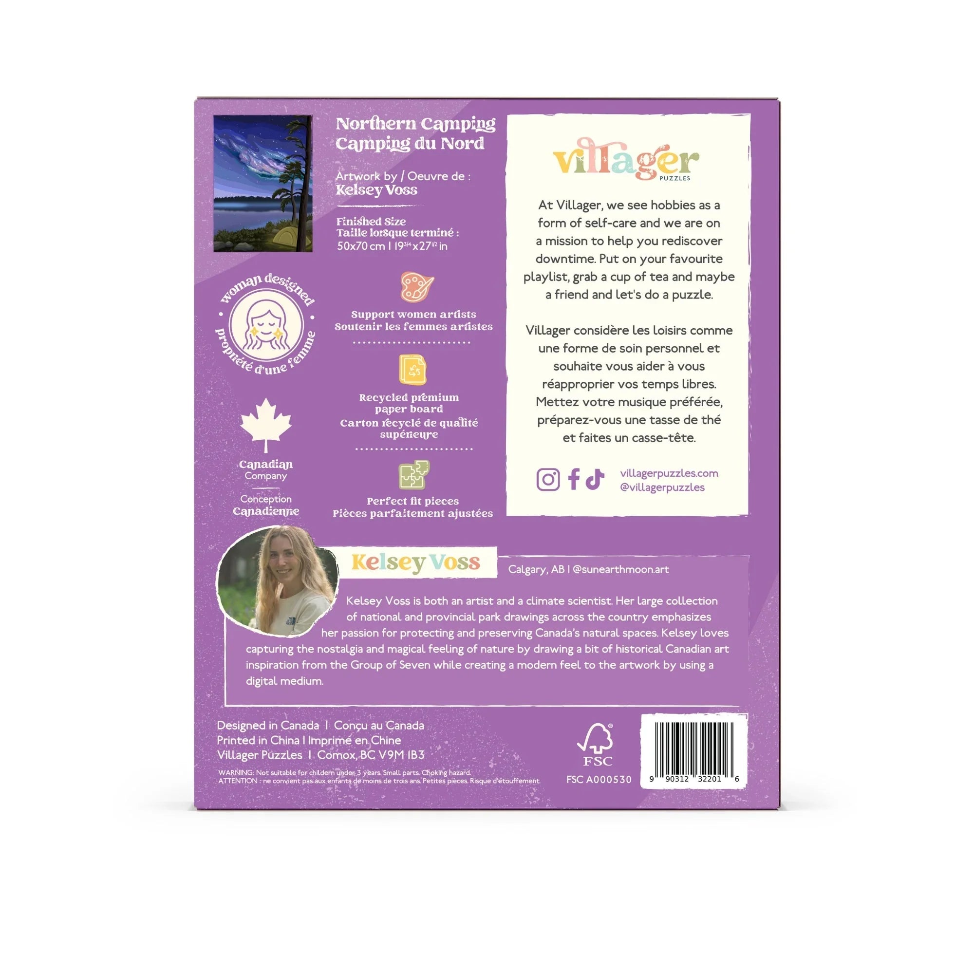 Northern Camping puzzle box back, artist info, eco-friendly and Canadian company badges