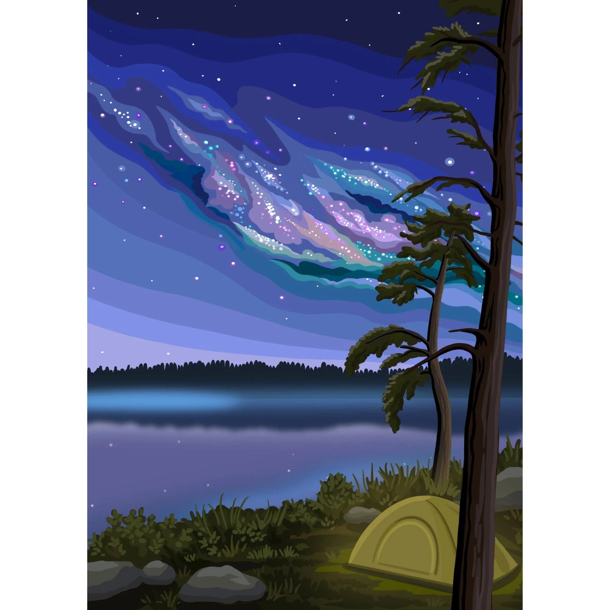 Northern camping scene with yellow tent, lake, pine trees, and vivid starry night sky art