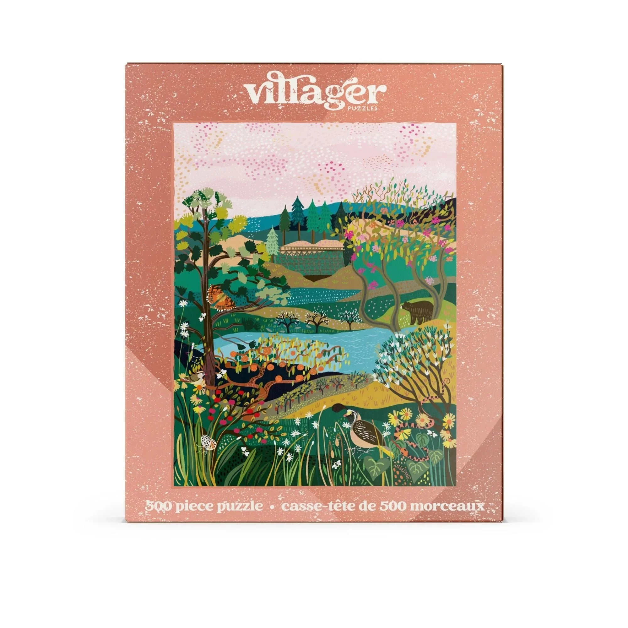 Villager Puzzles 500 piece puzzle box featuring a colorful illustrated countryside landscape