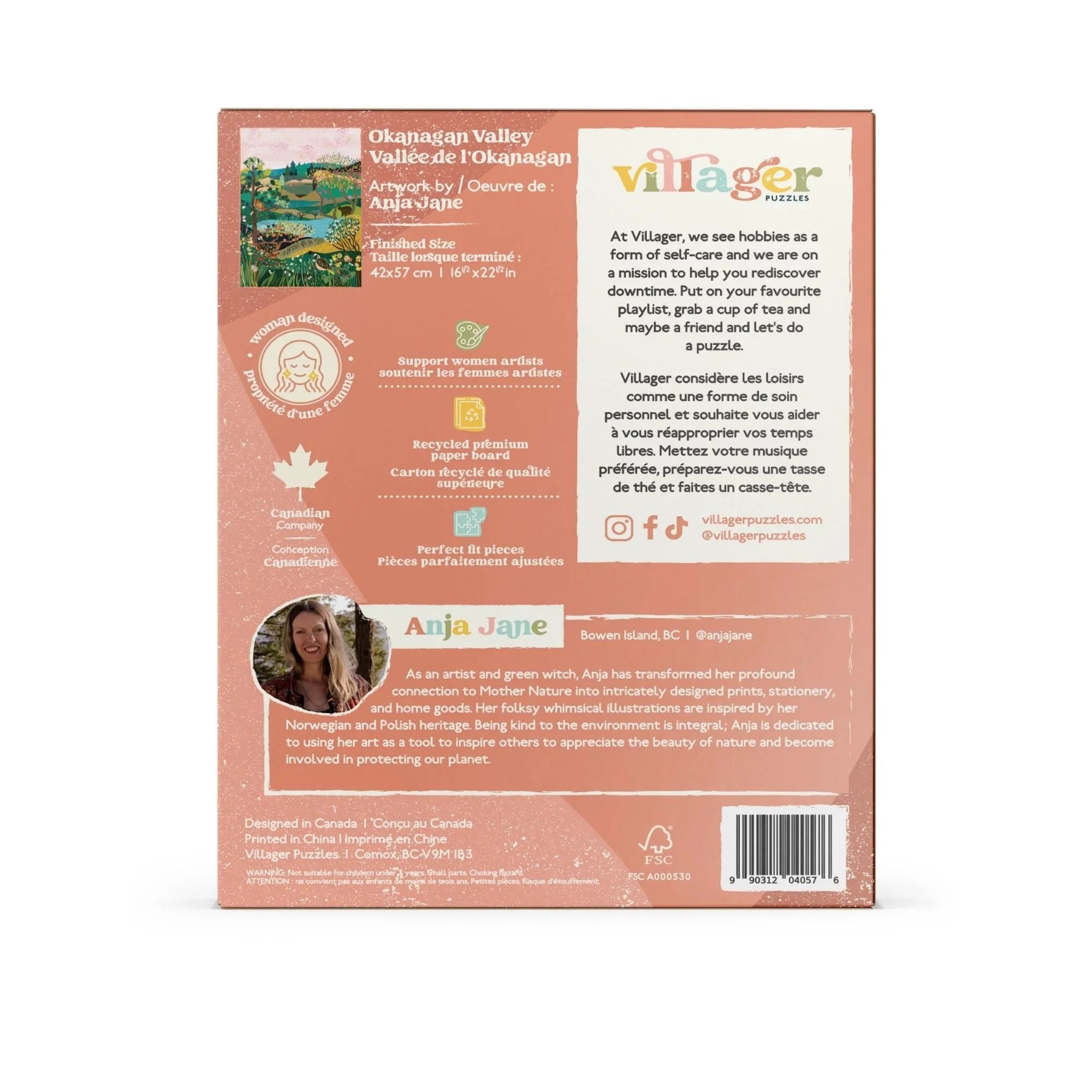Back of Villager Puzzles box featuring Okanagan Valley artwork by Anja Jane, product details, and artist bio