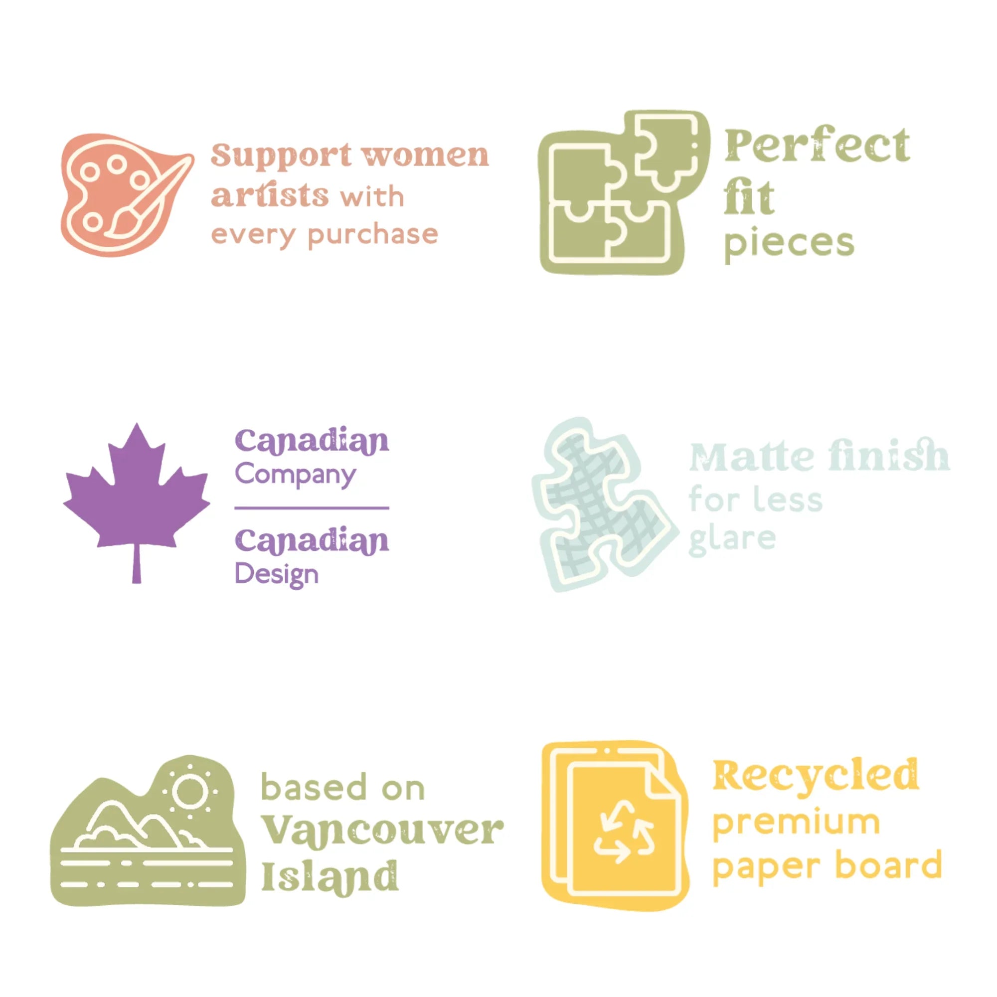 Puzzle product features icons: support women artists, perfect fit pieces, Canadian company design, matte finish, based on Vancouver Island, recycled premium paper board.