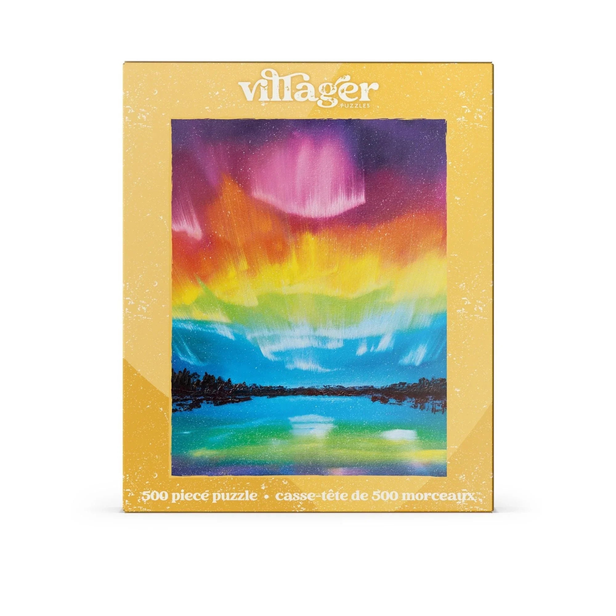 Villager 500 piece puzzle box with colorful aurora borealis landscape artwork