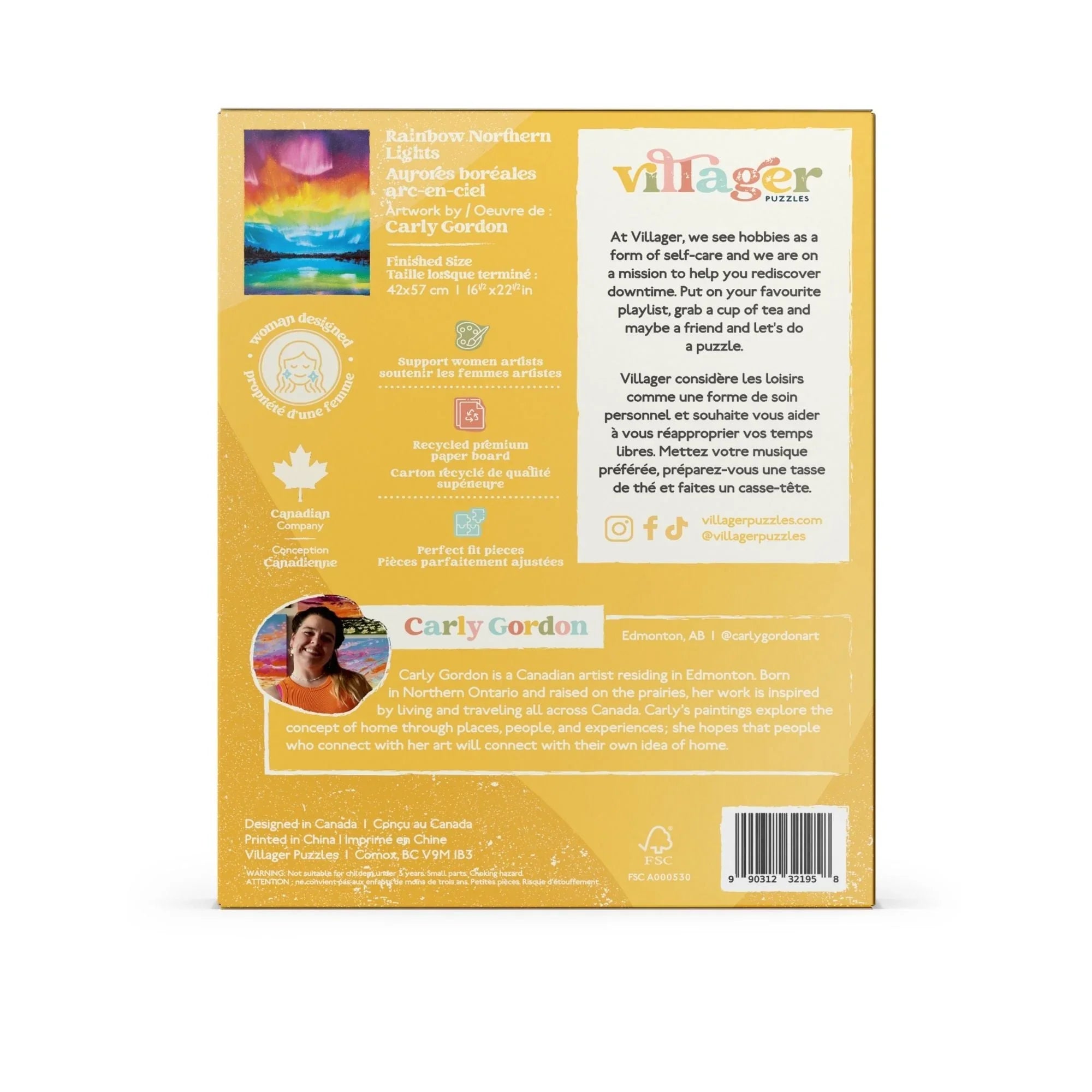 Back of Villager Puzzles box featuring Carly Gordon, product details, and Northern Lights art