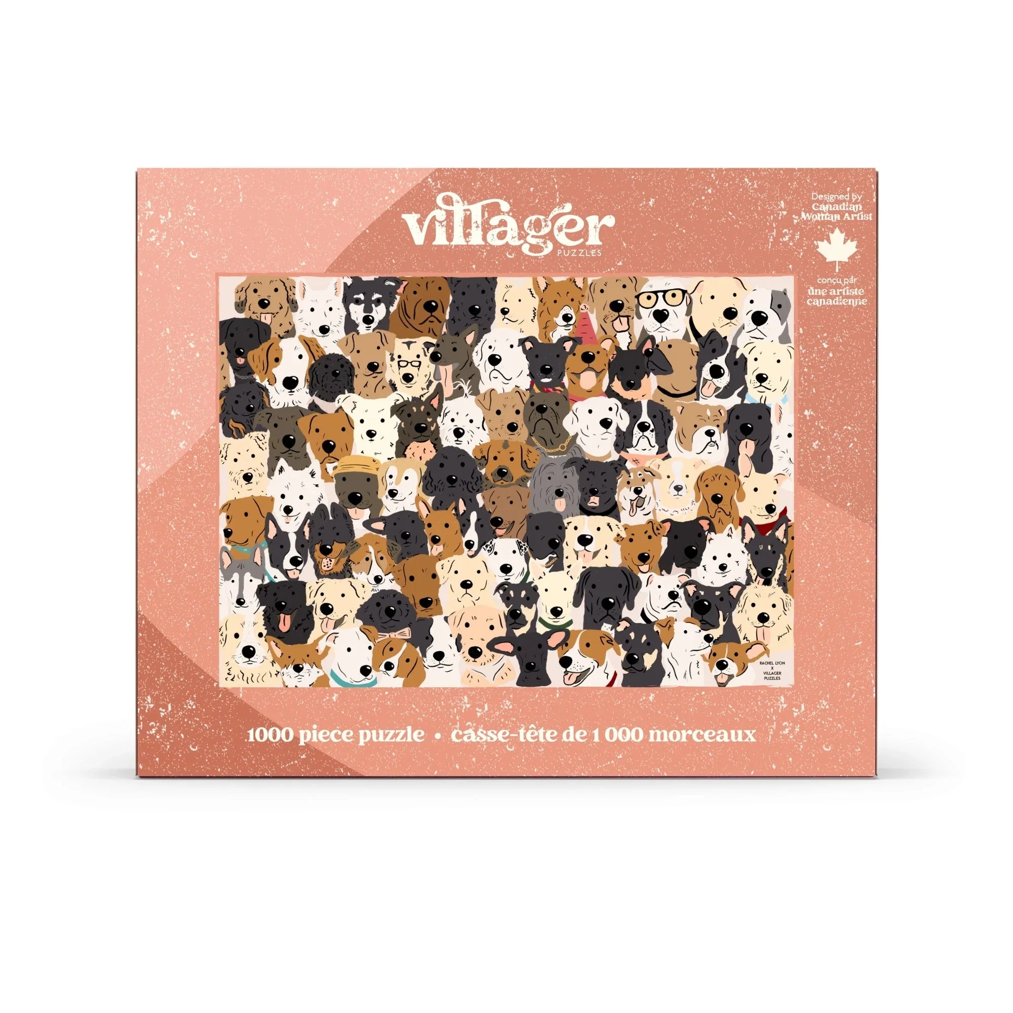 Villager Puzzles 1000 piece puzzle box featuring illustrated rescue dog faces on pink background