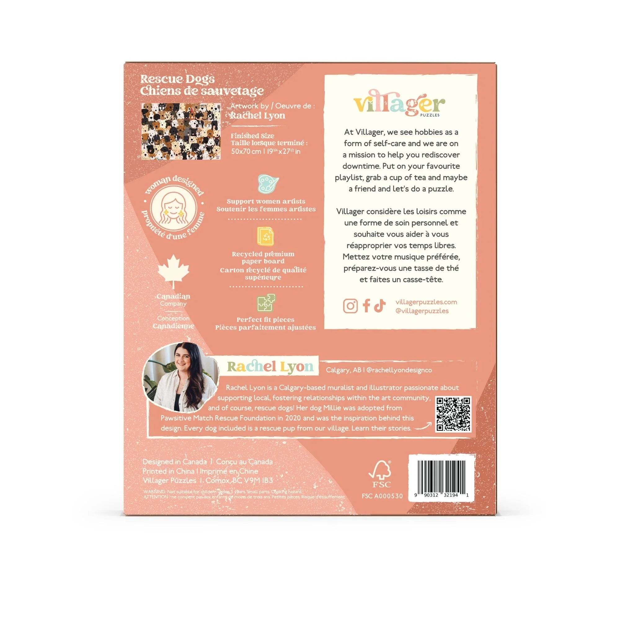 Back of Villager Puzzles Rescue Dogs box featuring product details, artist bio, and sustainability icons.