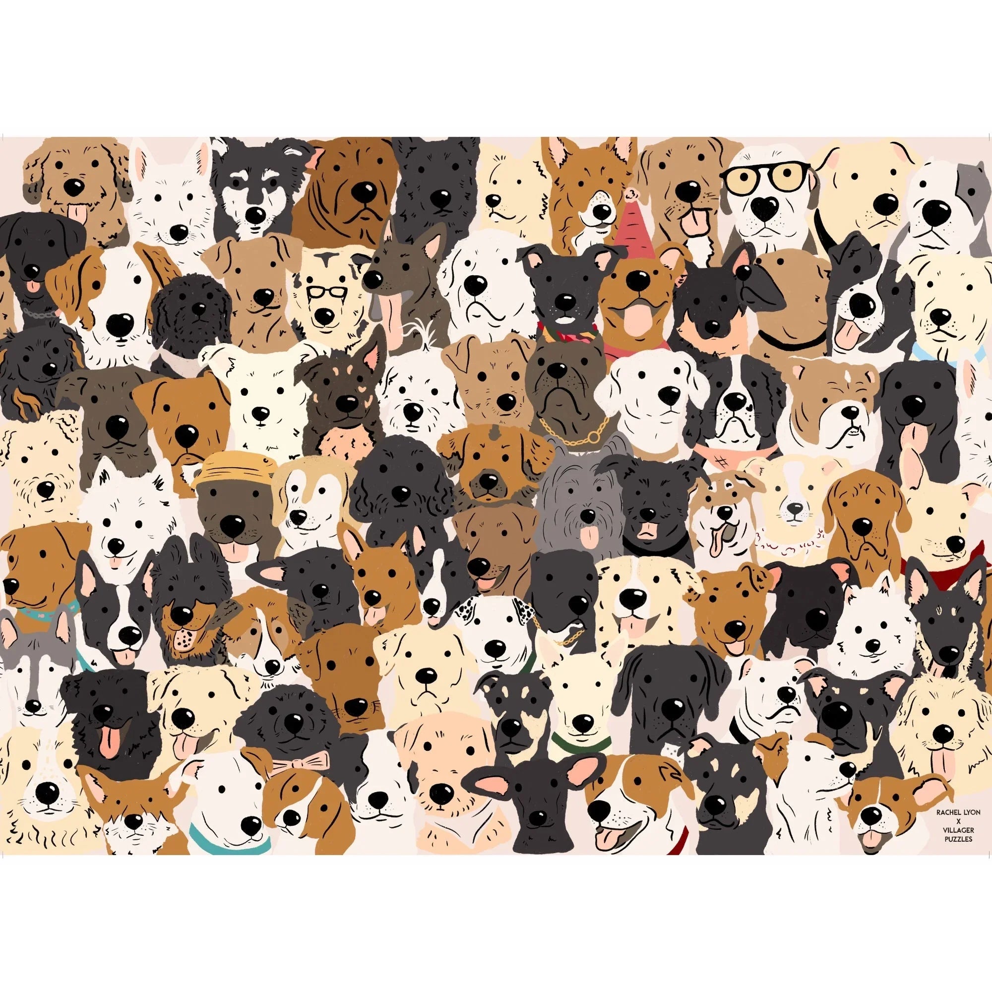 Colorful illustration of rescue dog faces, dog puzzle art, diverse cartoon dog breeds