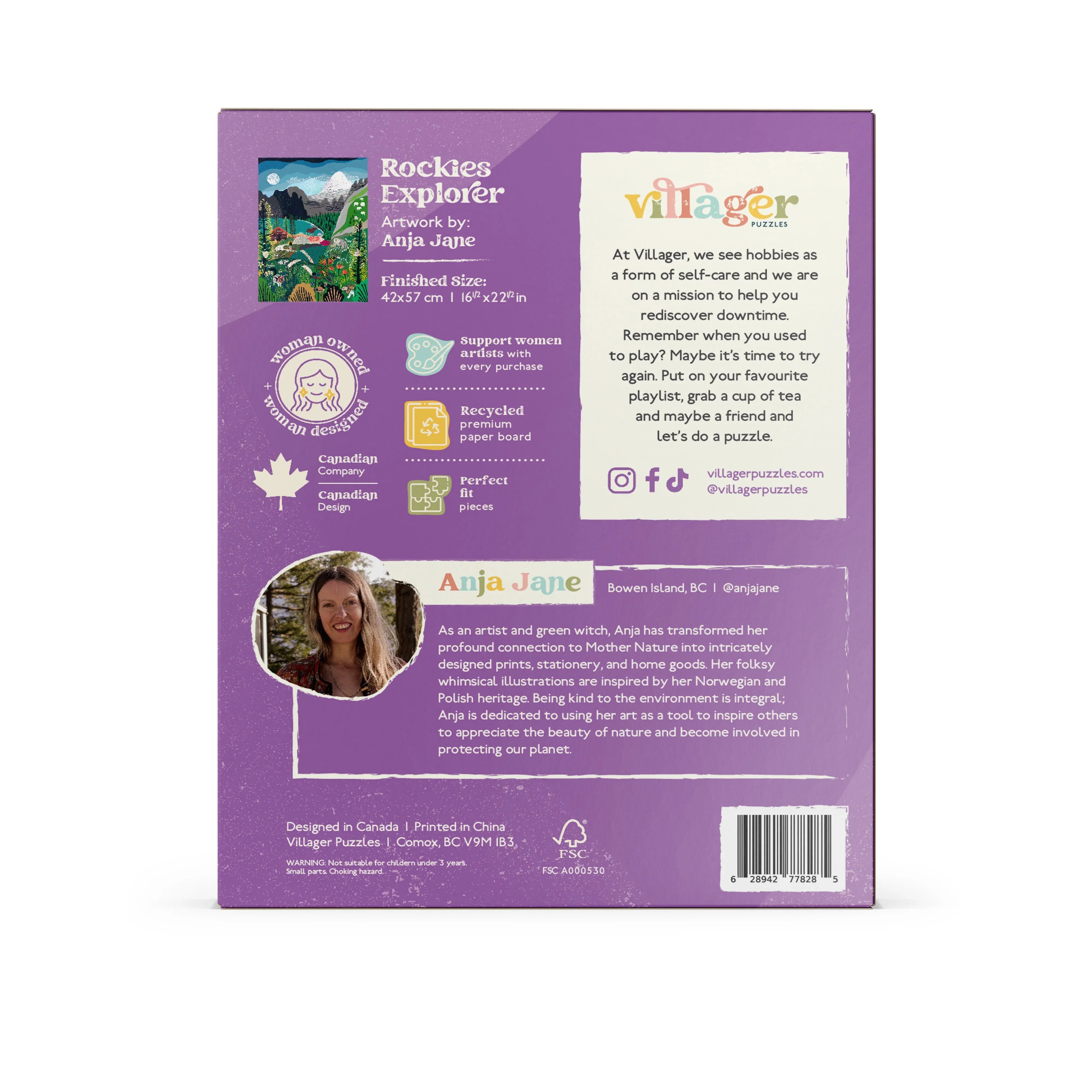 Back of Villager Puzzles Rockies Explorer box, purple design, artist info, eco-friendly icons.