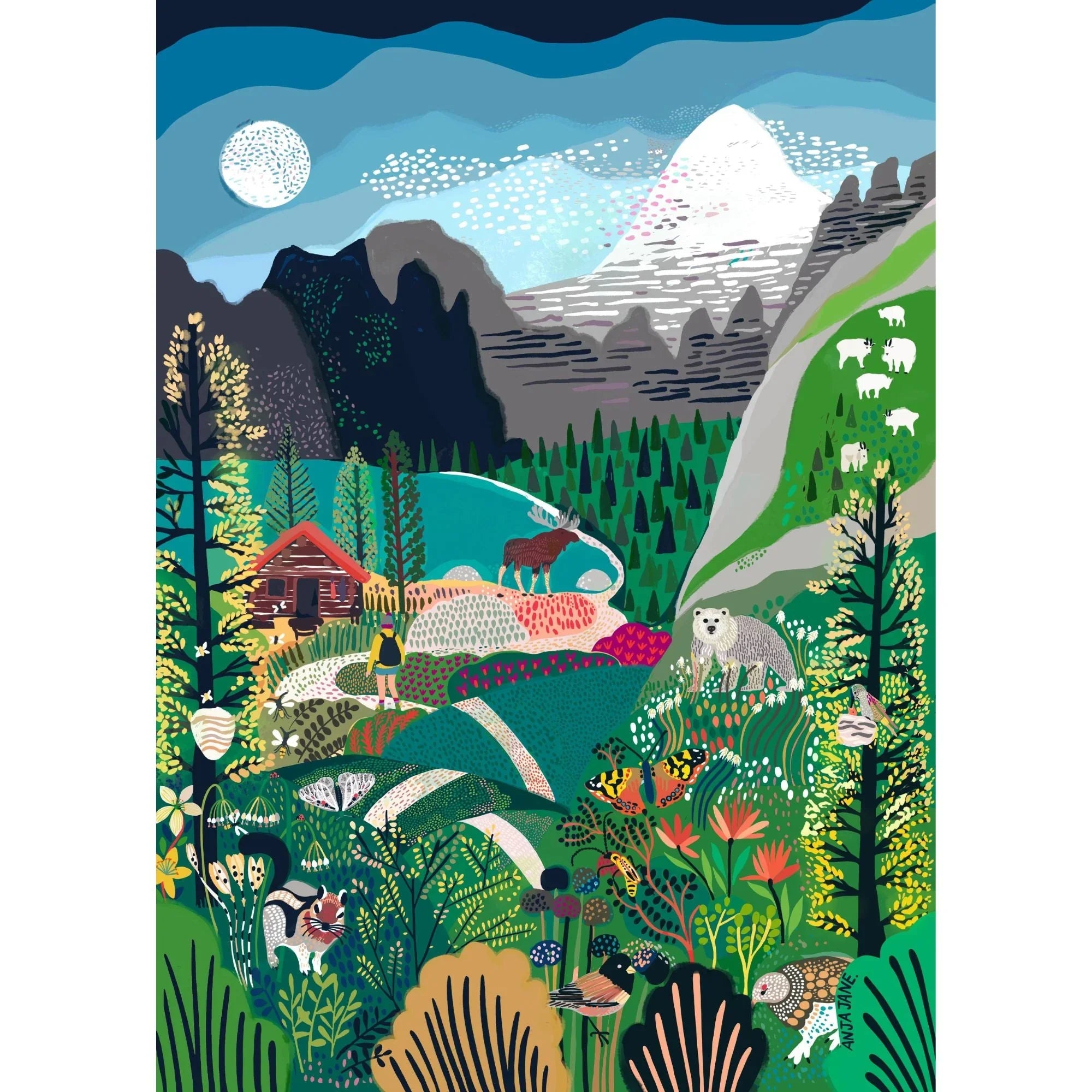 Colorful Rockies mountain landscape illustration with wildlife, log cabin, trees, and hiker