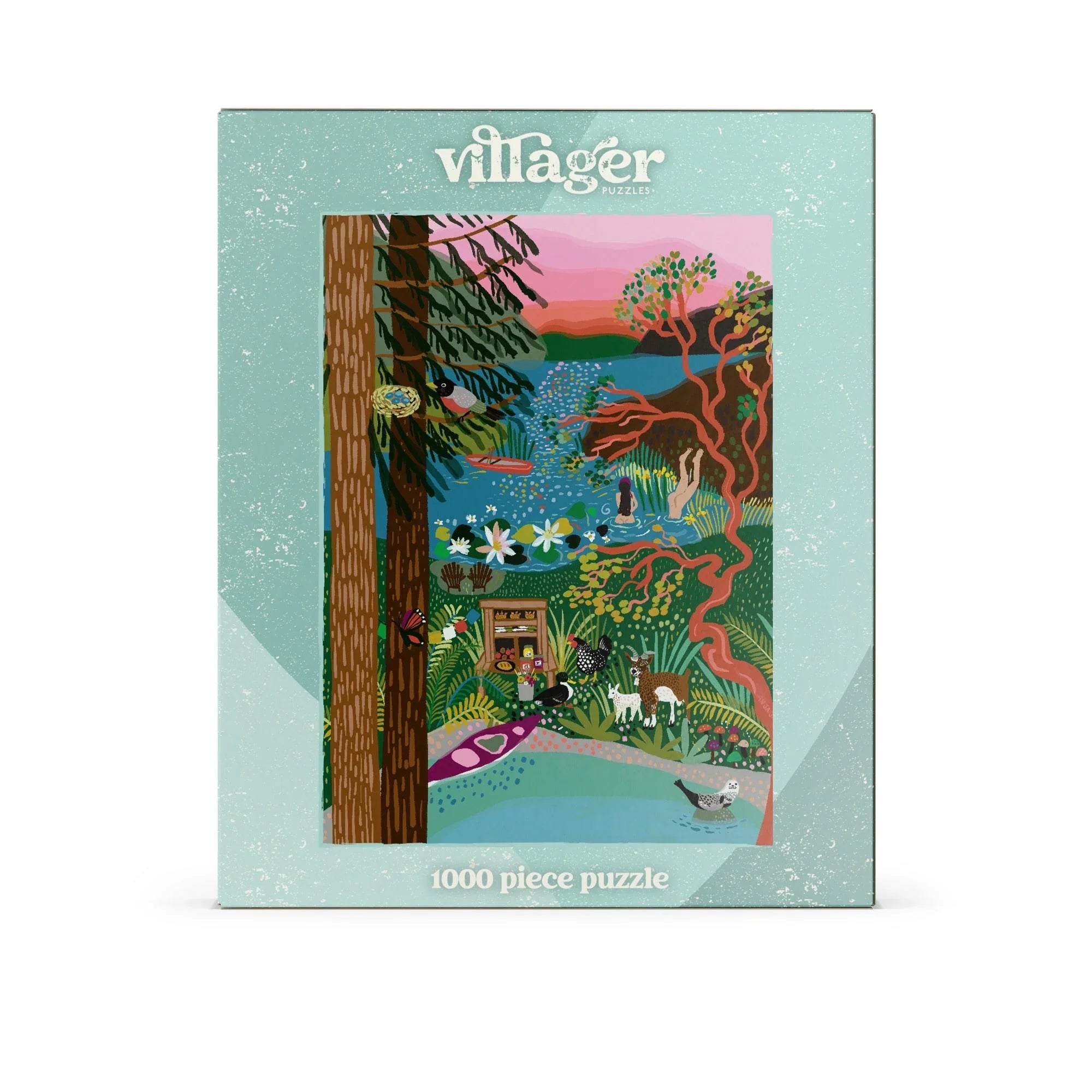 Villager 1000 piece puzzle box with colorful Salt Spring Island nature illustration