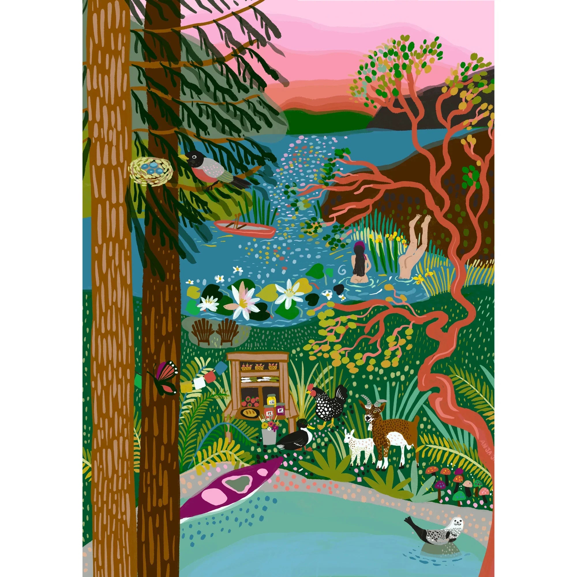 Colorful nature illustration with river, trees, swimming people, forest animals, spring scene