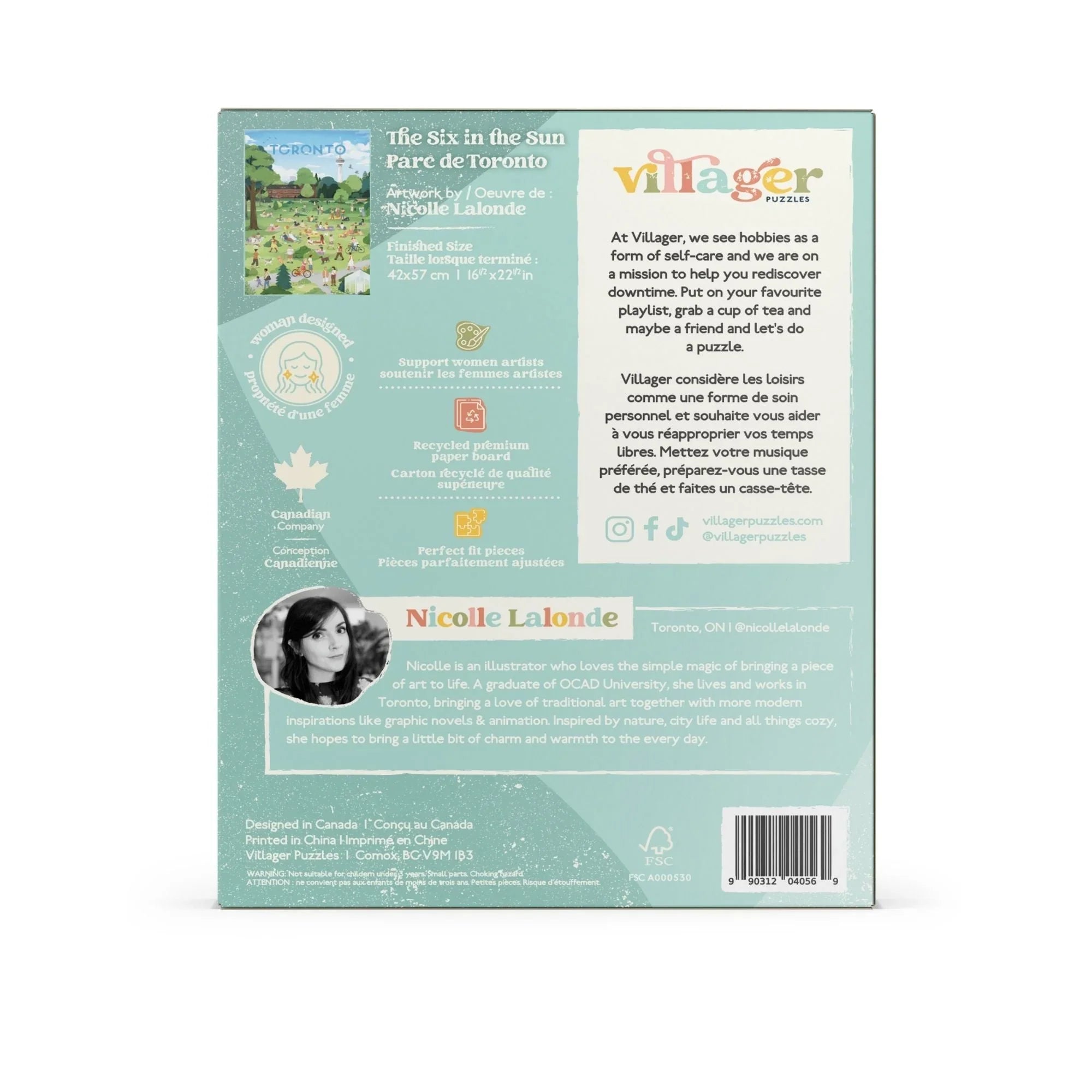 Back of Villager Puzzles box featuring artist info, product features, and branding details