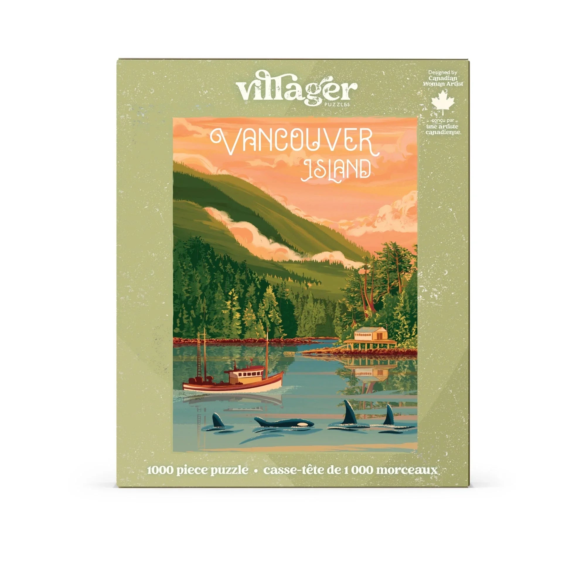 Vancouver Island puzzle box with illustrated orcas, boat, forest, and mountains.