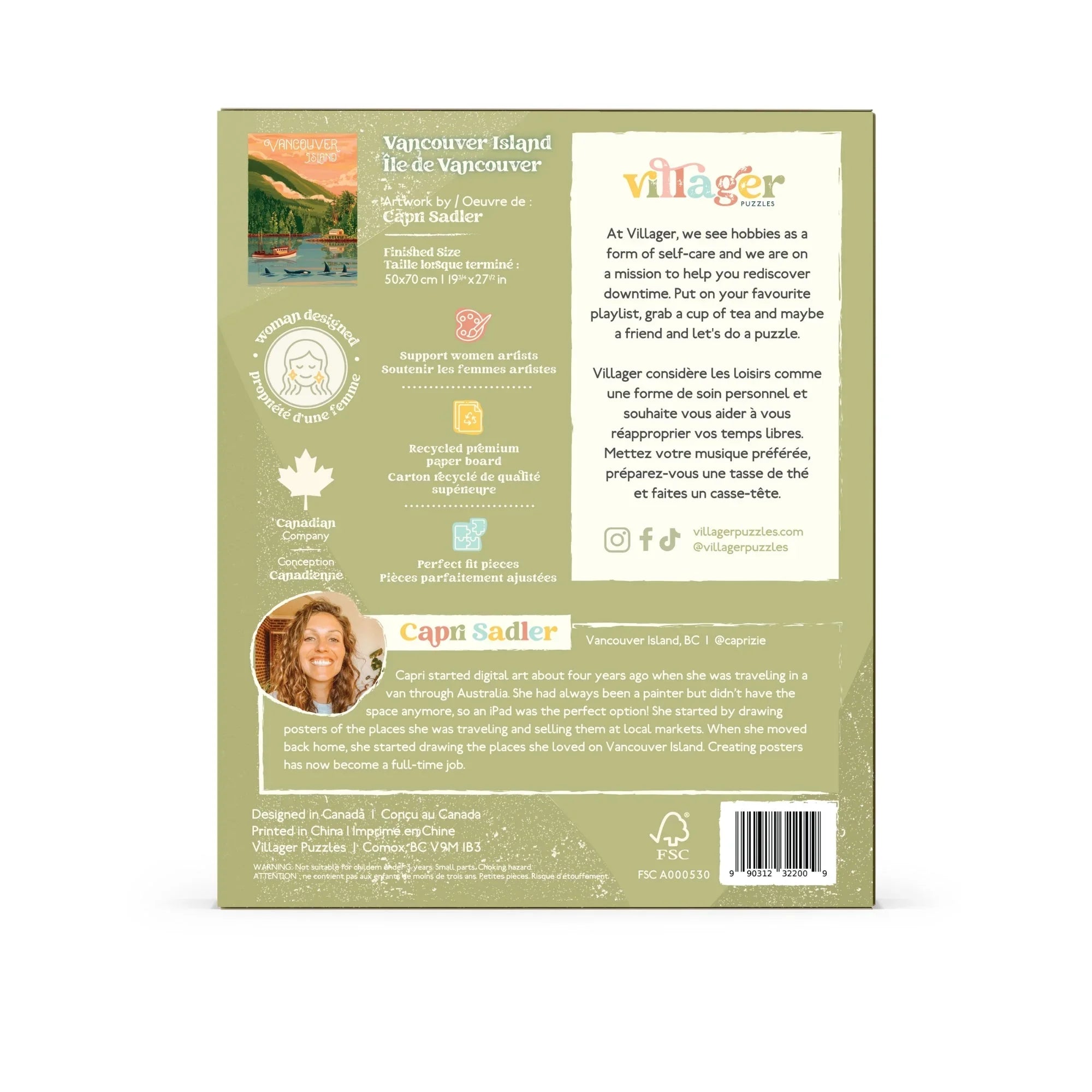 Back of Villager Puzzles Vancouver Island box with artist info, eco-friendly details, and branding