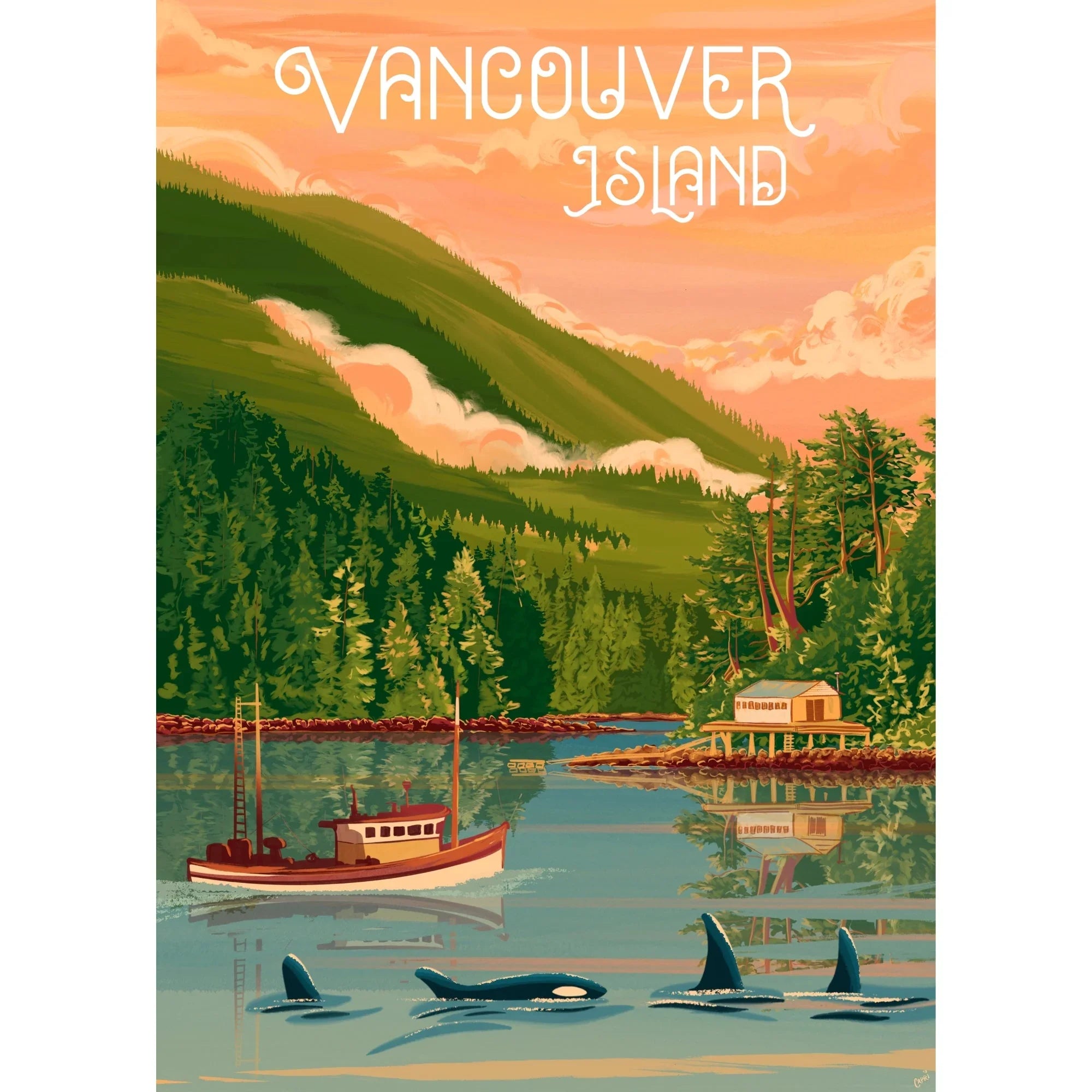 Vancouver Island art with orcas, a boat, cabin, forested hills, and an orange sunset sky