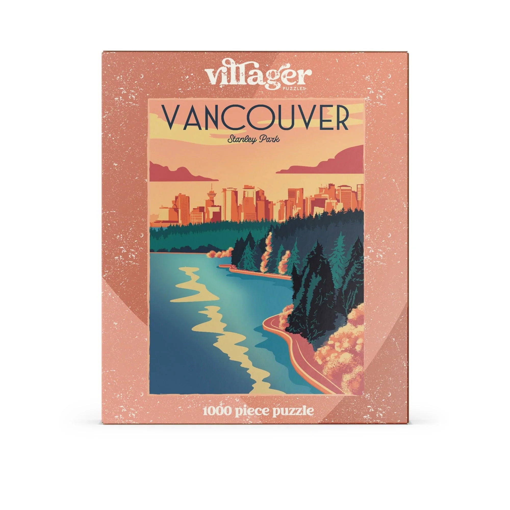 Villager Puzzles Vancouver Stanley Park 1000 piece puzzle box with city and sunset illustration