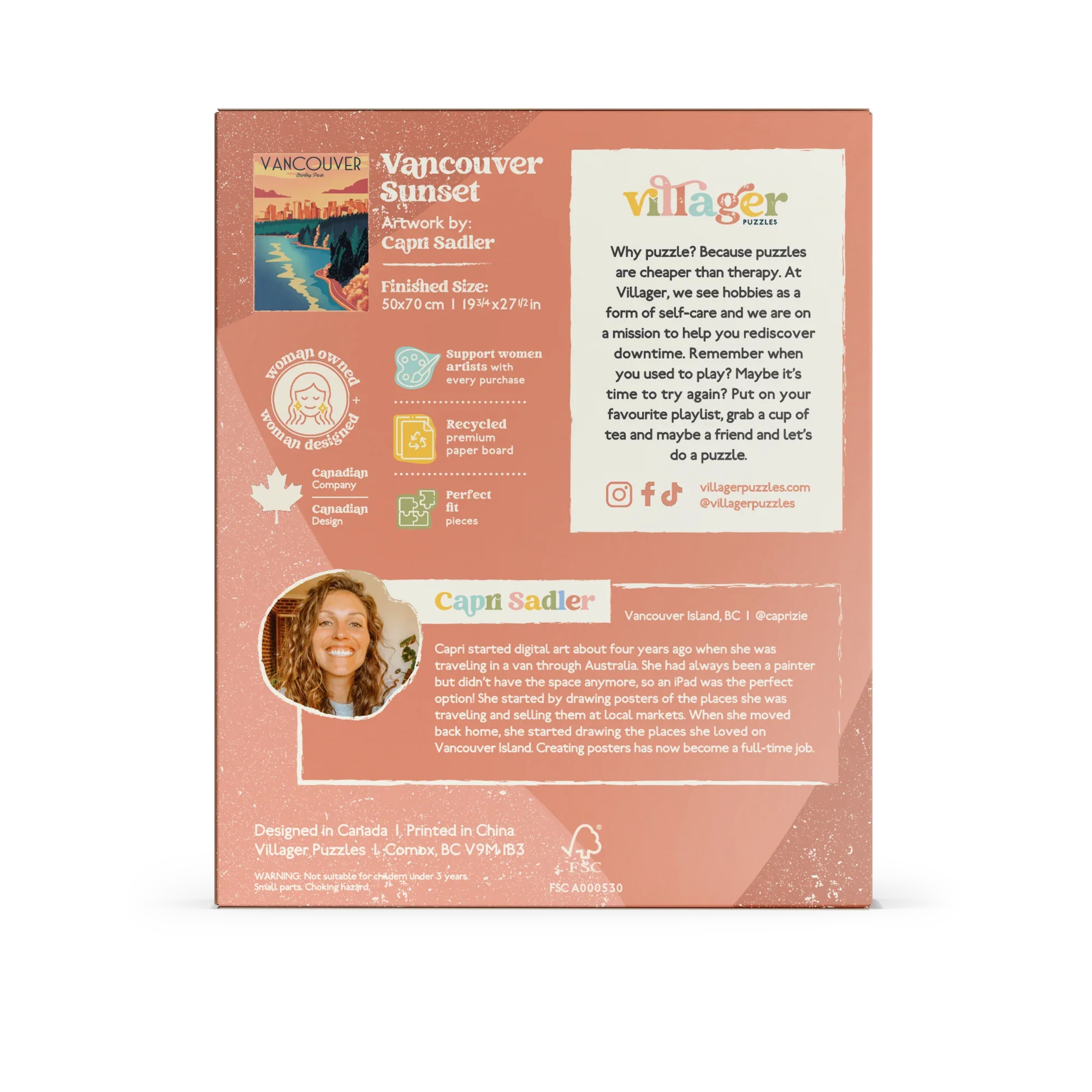 Villager Puzzles Vancouver Sunset box back, Capri Sadler artwork, eco-friendly, woman-owned