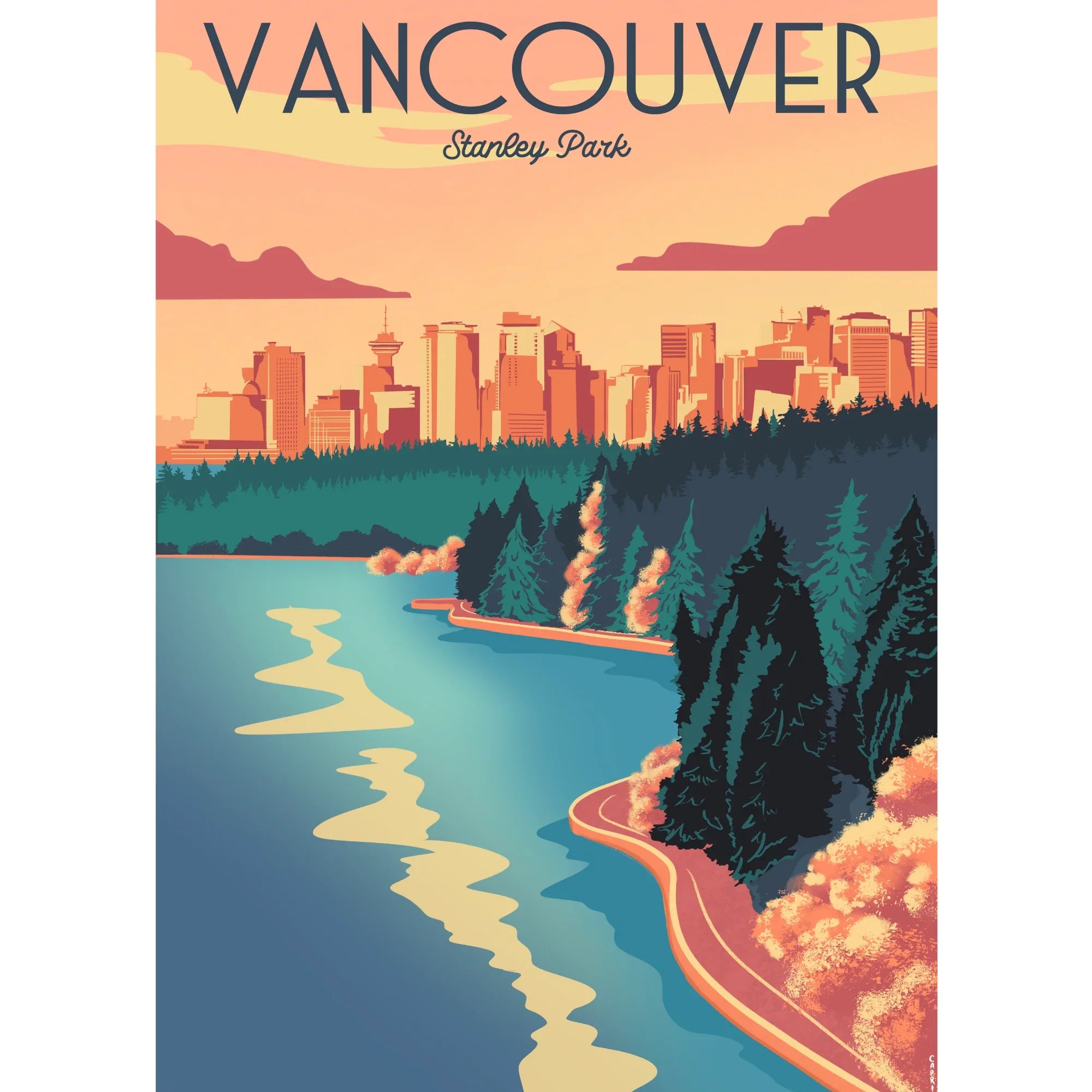 Vancouver Stanley Park poster with city skyline, evergreen trees, and waterfront at sunset.