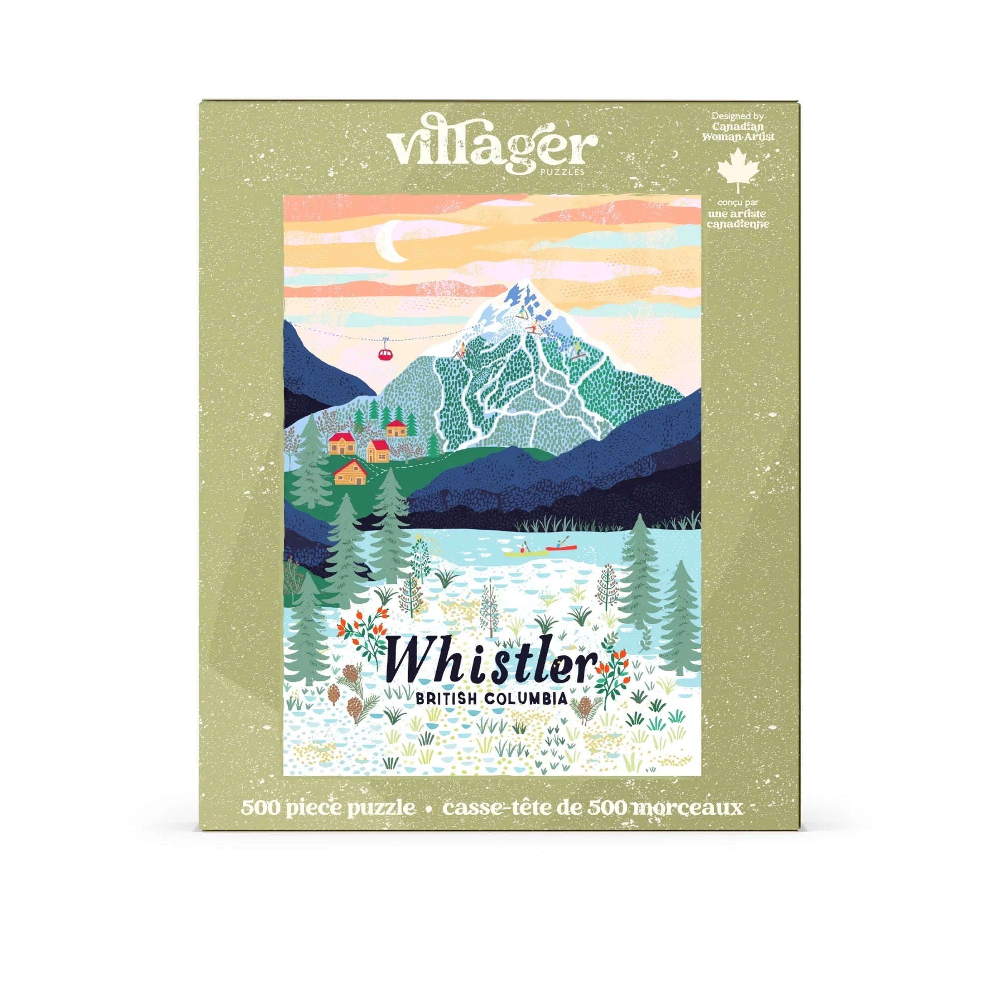 Whistler Mountain puzzle box with illustrated mountain, lake, cabins, gondola and pine trees