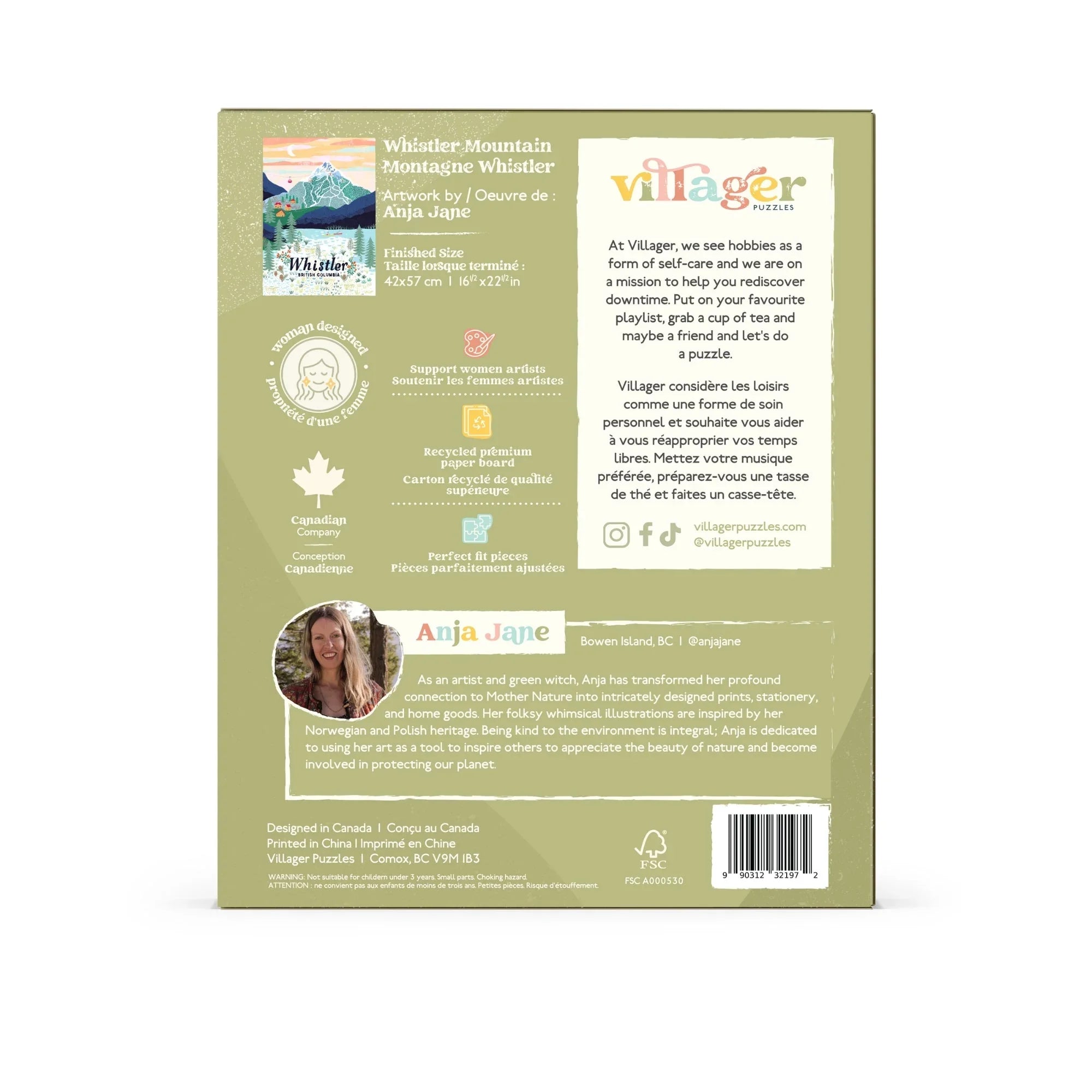 Whistler Mountain puzzle box back with artist info, brand details, eco-friendly icons, and barcode