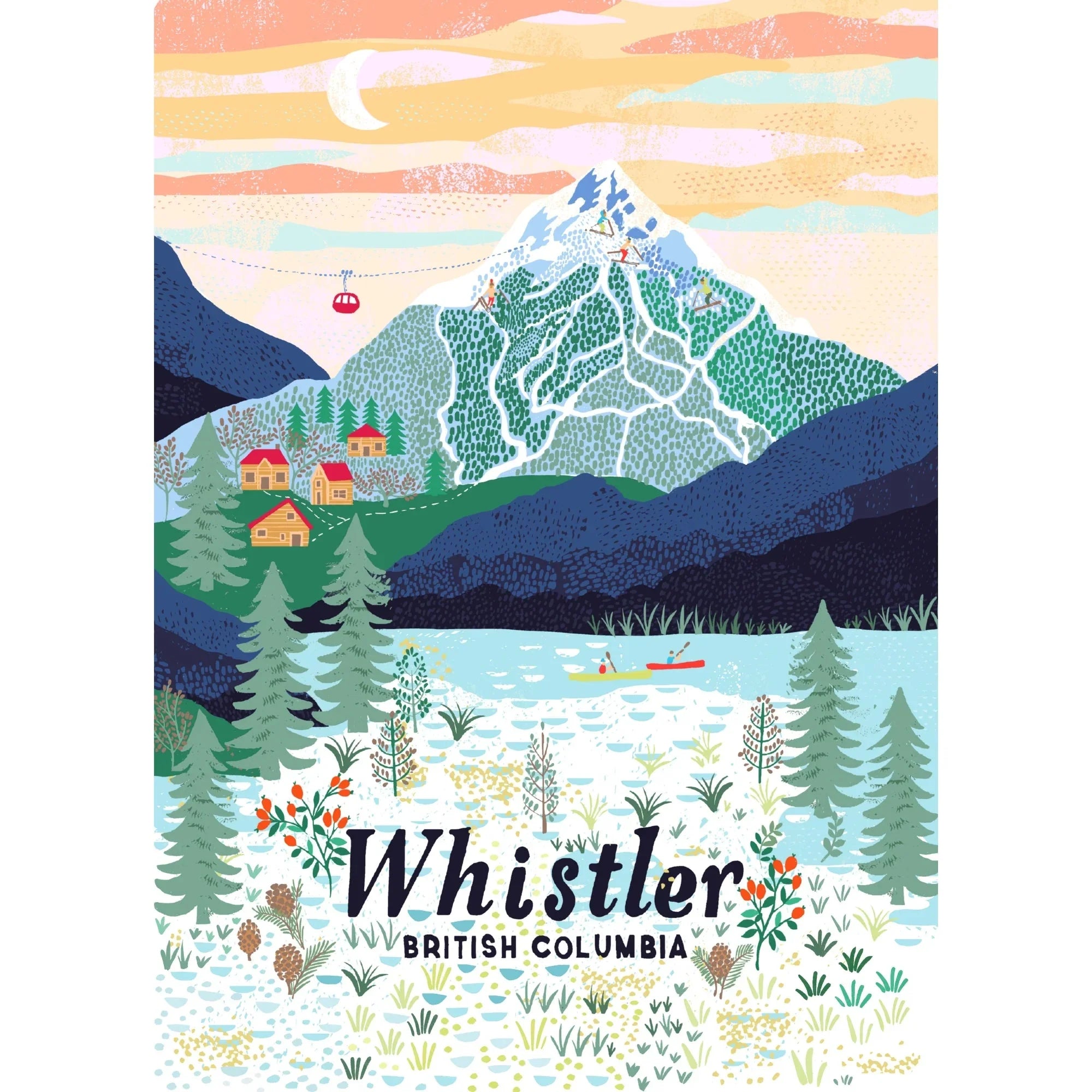 Whistler Mountain illustrated puzzle art with ski trails, cabins, trees, and canoe on a lake
