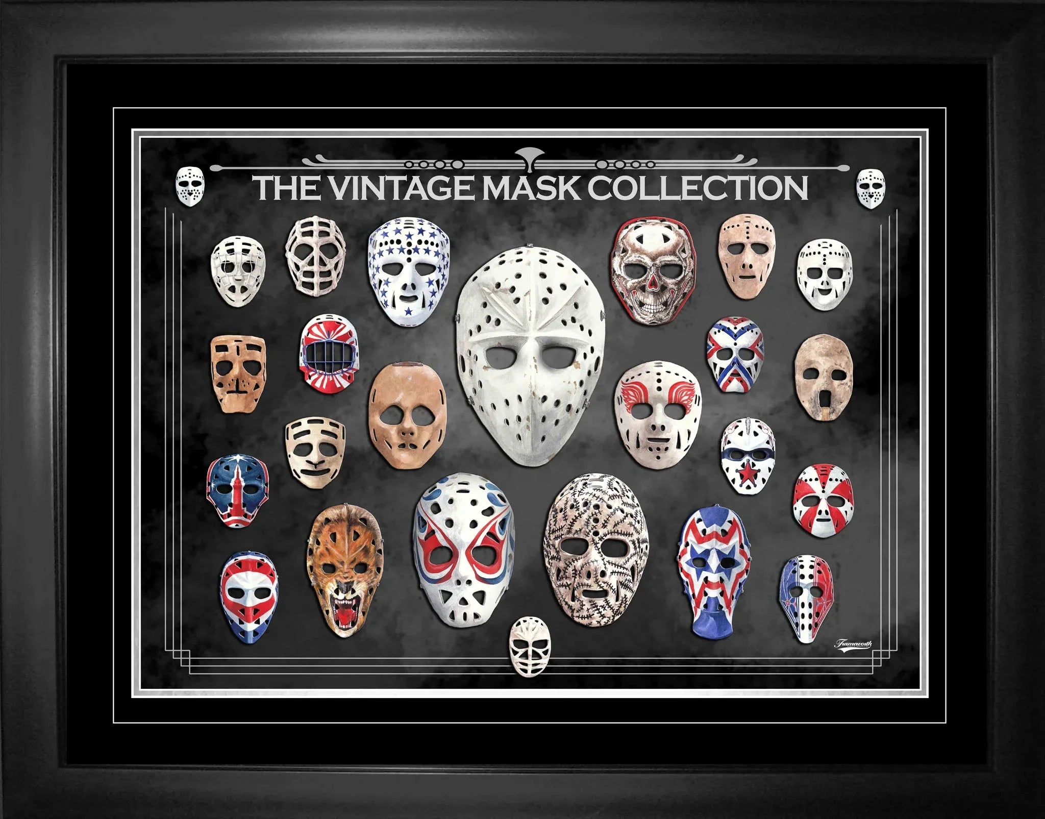 Framed display of vintage hockey goalie masks collection on black background