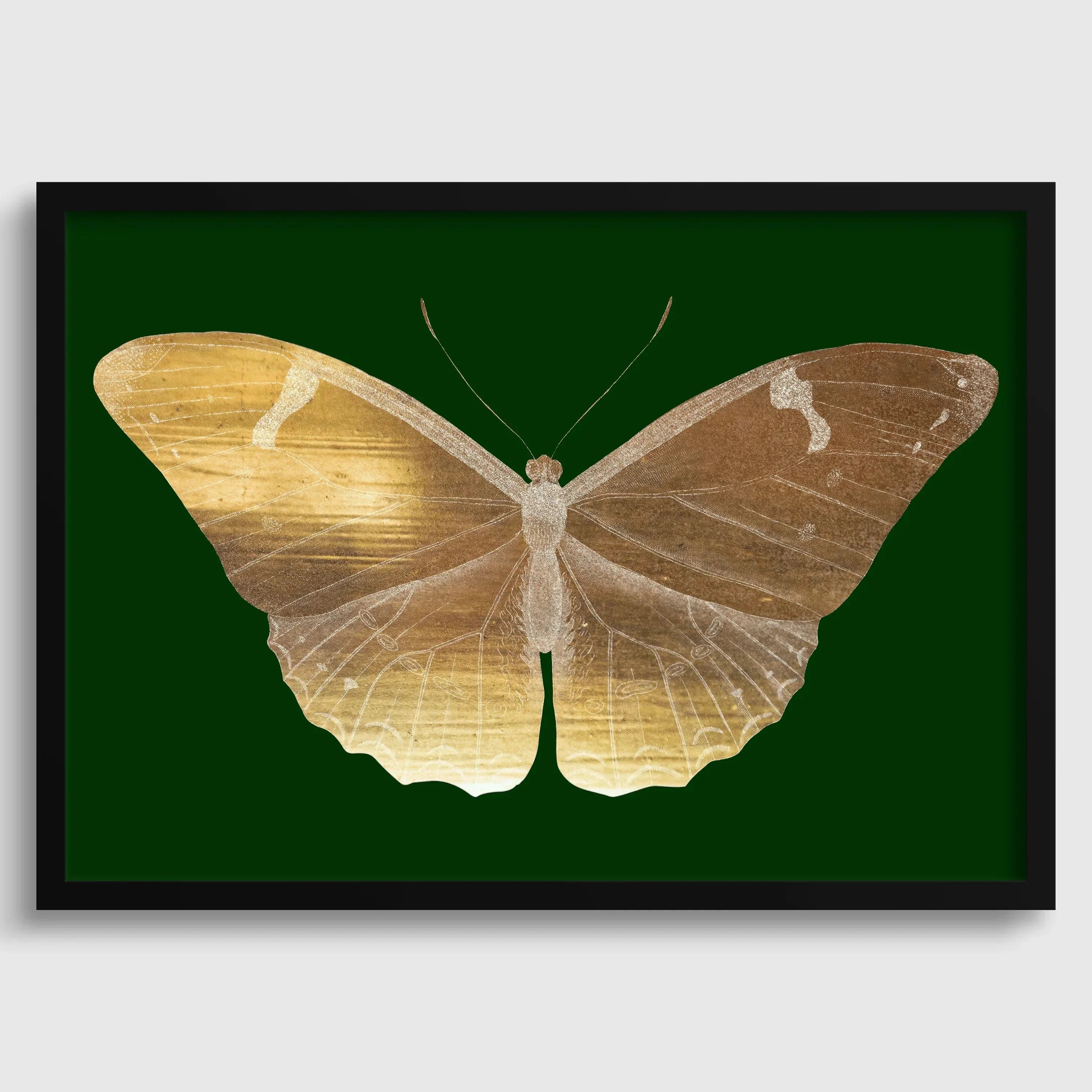 Vintage gold butterfly art print on emerald green background, framed dark academia style