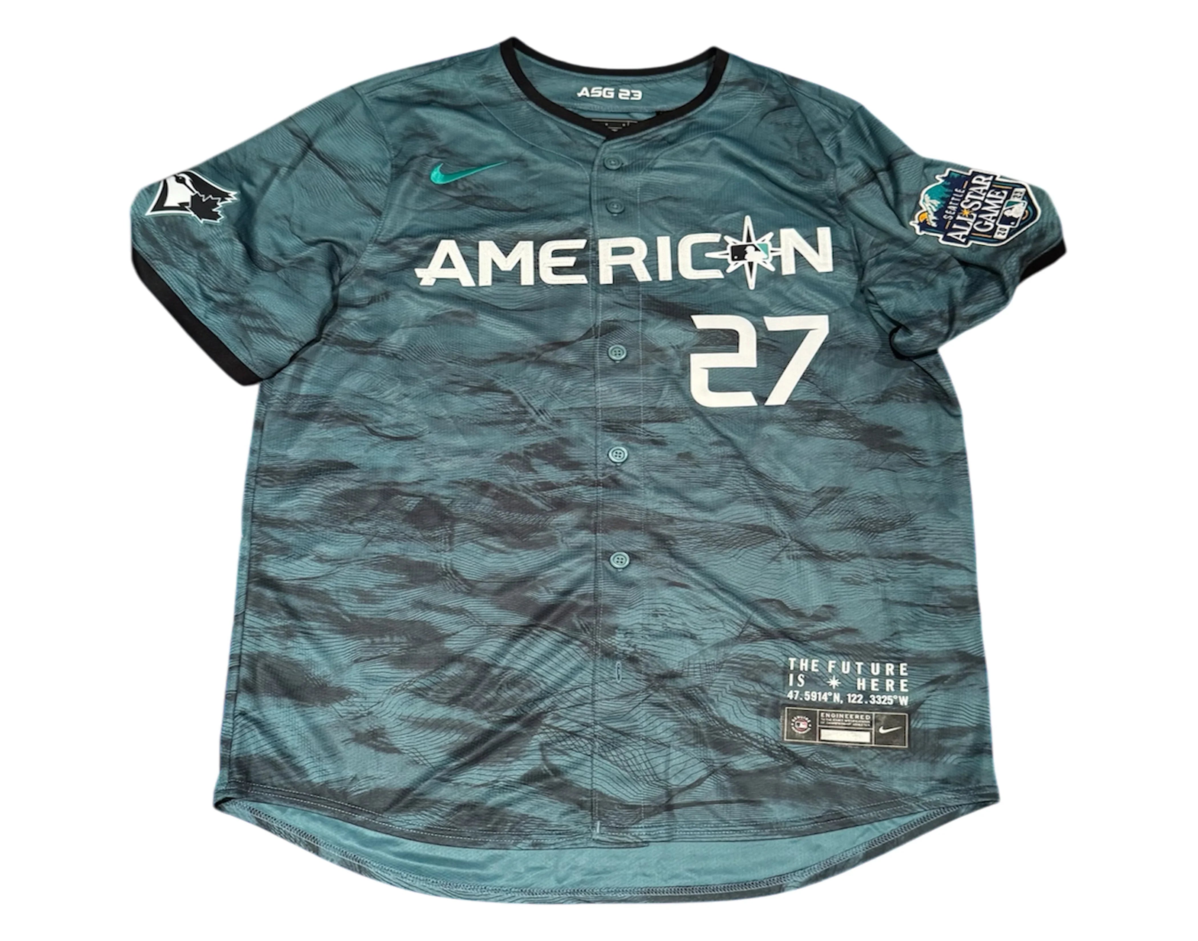 2023 MLB All-Star Game American League teal jersey, number 27, Nike logo, patches