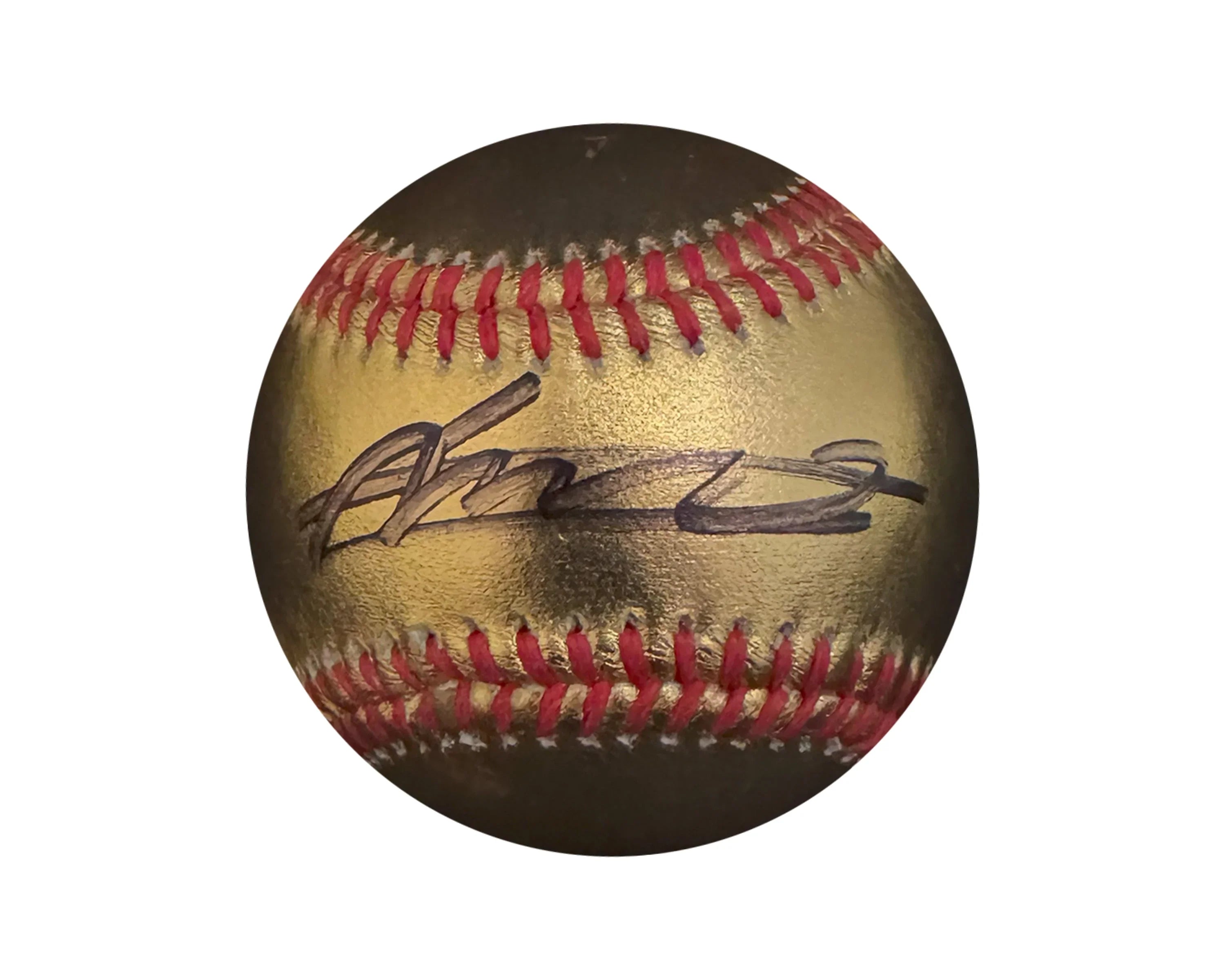 Gold baseball with red stitching and black autograph, collectible sports memorabilia