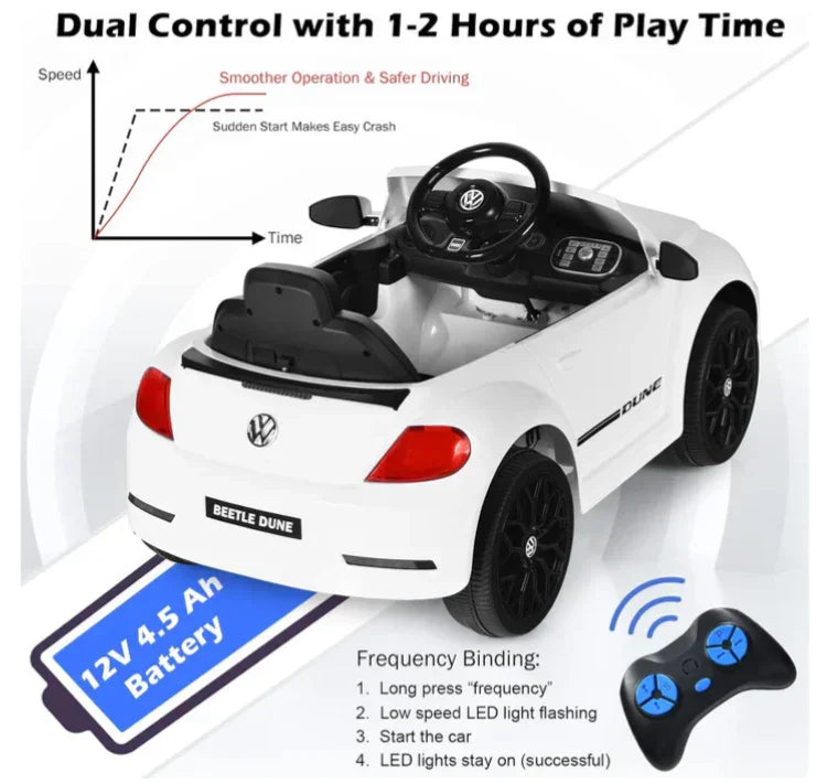 White Volkswagen Beetle Dune ride-on toy car with remote control, 12V 4.5Ah battery, and play time chart.