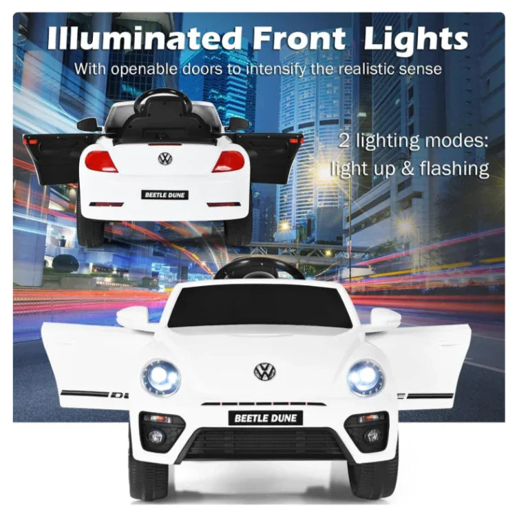 White Volkswagen Beetle Dune kids ride-on car with illuminated front lights and open doors