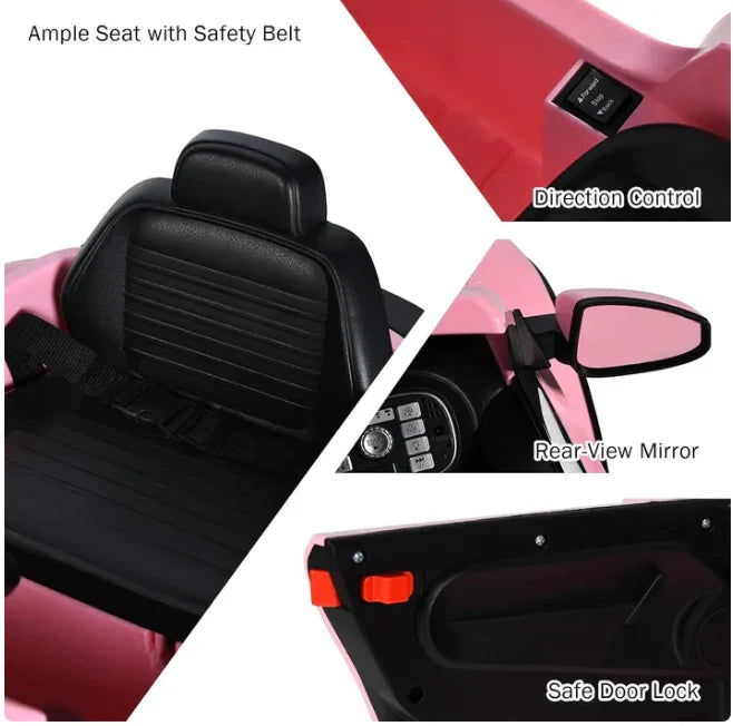 Pink toy car seat with safety belt, direction control, rear-view mirror, and safe door lock.