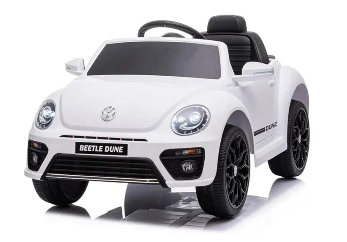 White Volkswagen Beetle Dune kids ride-on car with black wheels and open top
