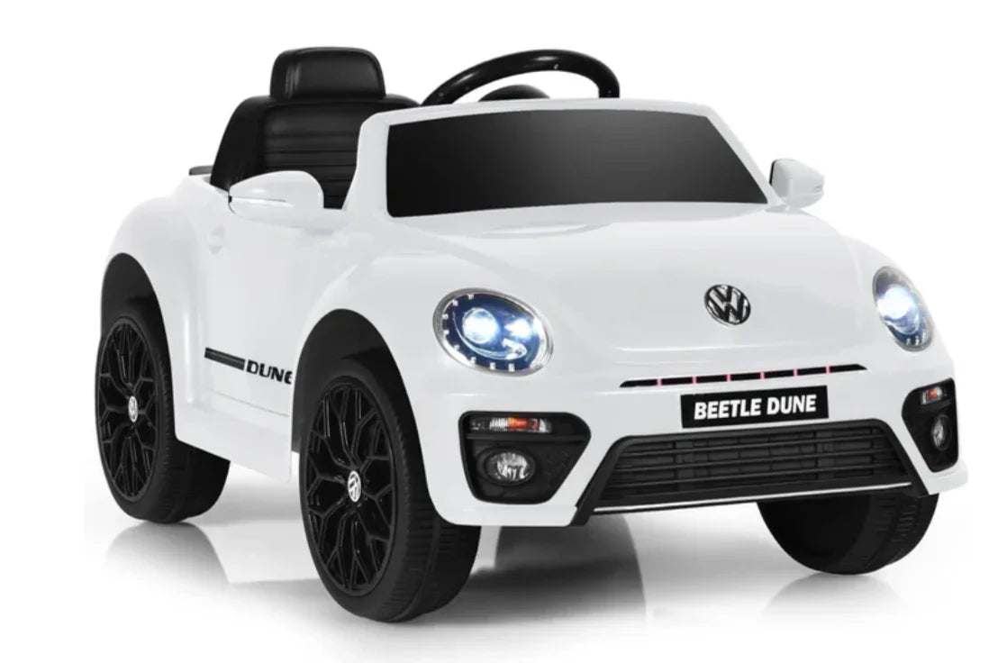 White Volkswagen Beetle Dune kids electric ride-on car with LED headlights and black wheels