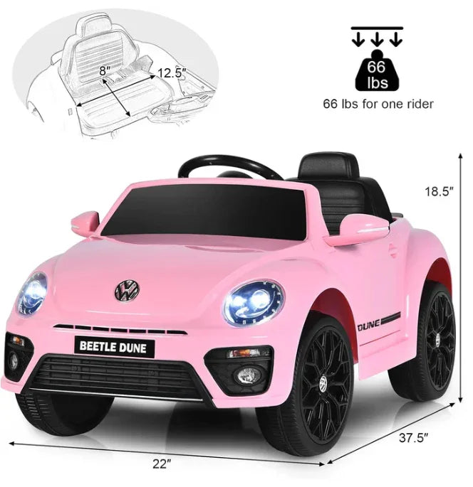 Pink Volkswagen Beetle Dune kids ride-on car with LED headlights, measurements, 66 lbs max weight