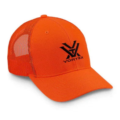 Bright orange Vortex logo trucker hat with mesh back and curved brim