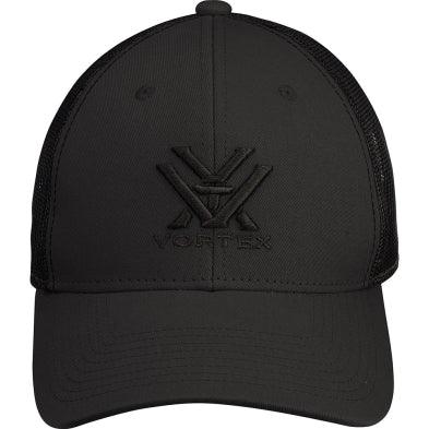 Black Vortex mesh back baseball cap with embroidered logo, front view