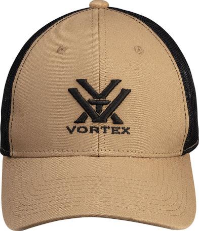 Tan and black Vortex logo trucker hat with mesh back panel