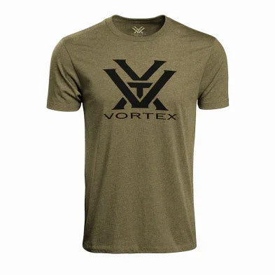 Olive green Vortex t-shirt with bold black logo and text on front, short sleeves, crew neck