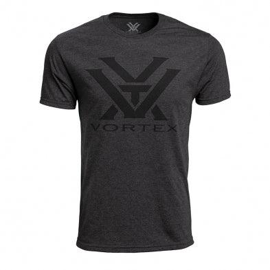 Black Vortex short sleeve t-shirt with bold logo on front, apparel product photo