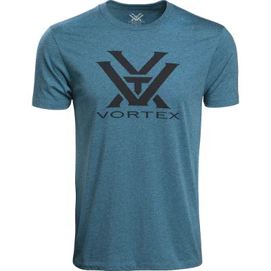 Blue Vortex t-shirt with large black Vortex logo on front