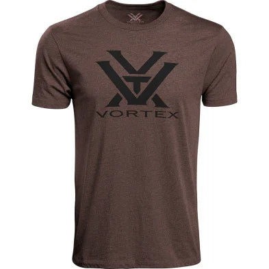 Brown Vortex t-shirt with black Vortex logo and lettering on chest