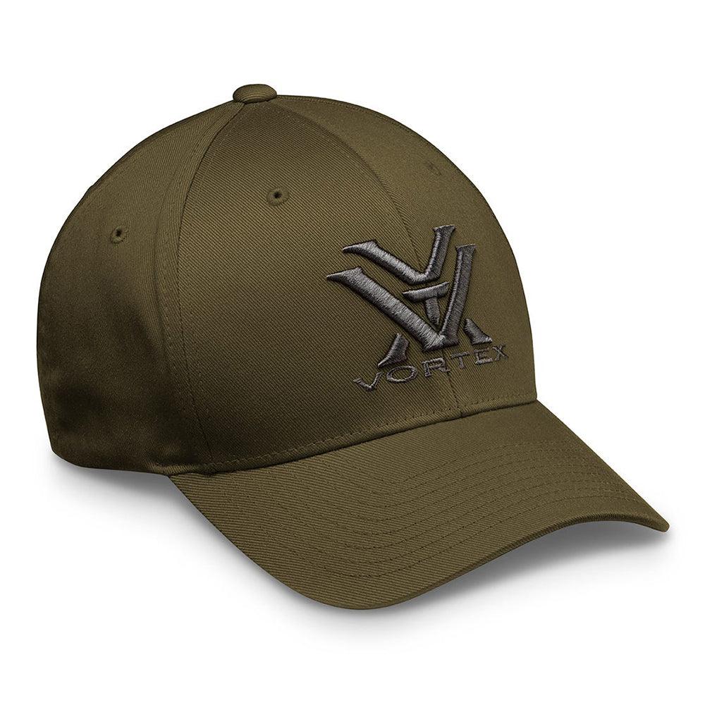Olive green Vortex baseball cap with embroidered black logo and text on front