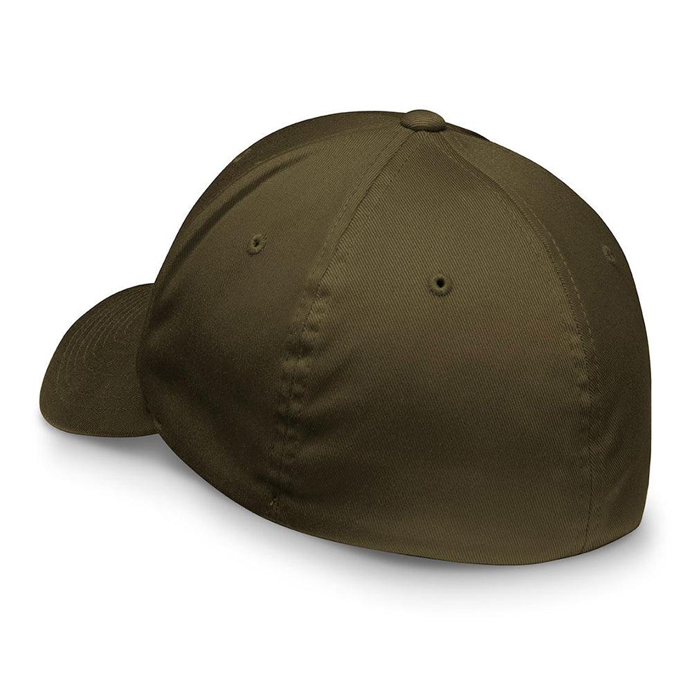 Olive green fitted baseball cap with curved brim and stitched eyelets