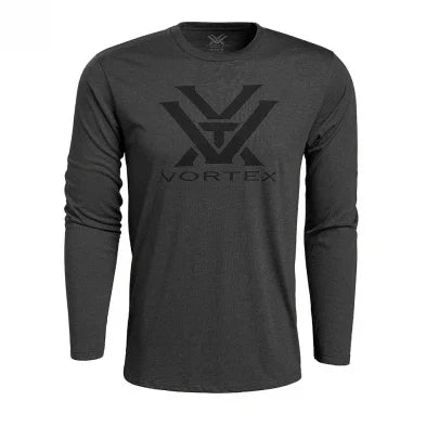 Black Vortex long sleeve shirt with logo, crew neck and simple casual design on white background